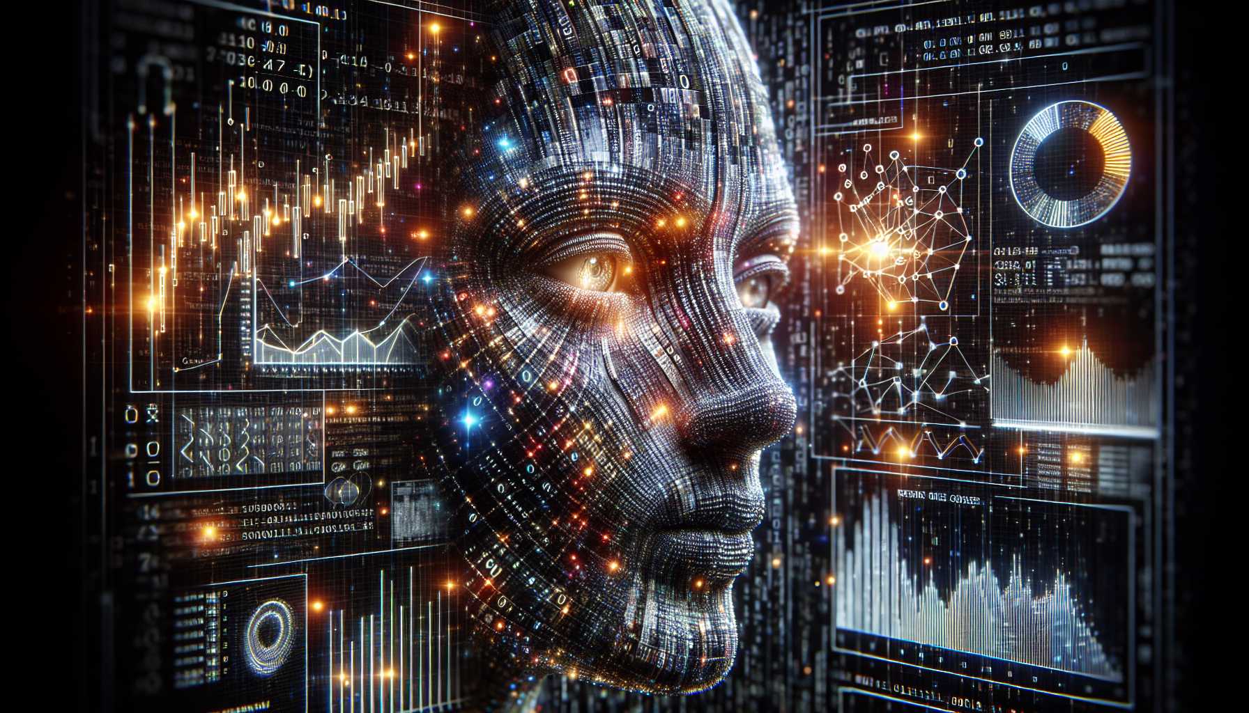 A face made up of digital codes pondering beaming graphs and data indicating ROI