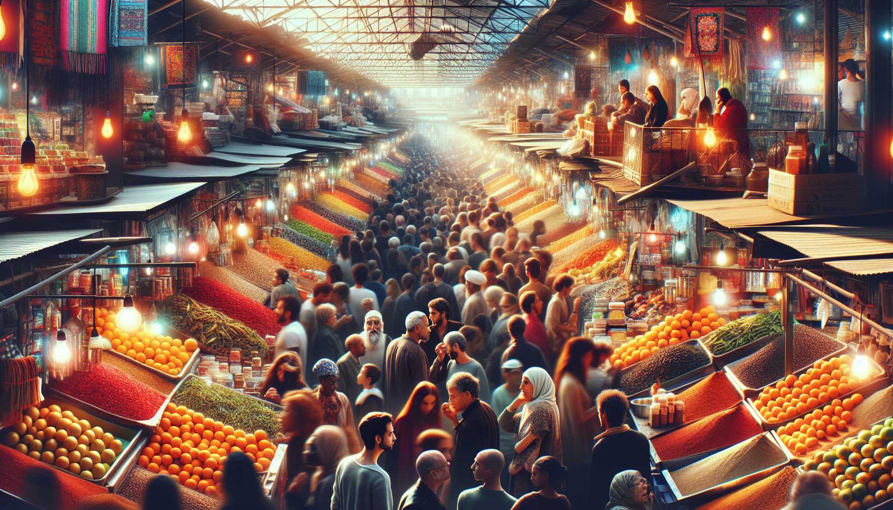 a vibrant market with multiple stalls where each stall represents a different product highlighting their unique attributes amidst a crowded space