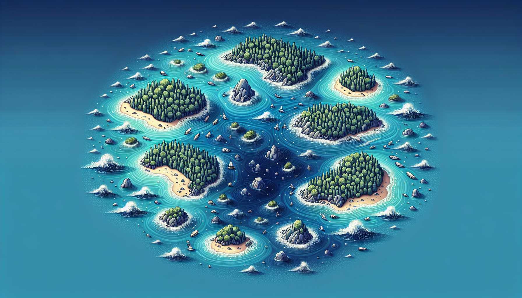 an abstract representation of the blue ocean strategy in product management, showcasing a clear, uncluttered ocean with islands symbolizing untapped market opportunities