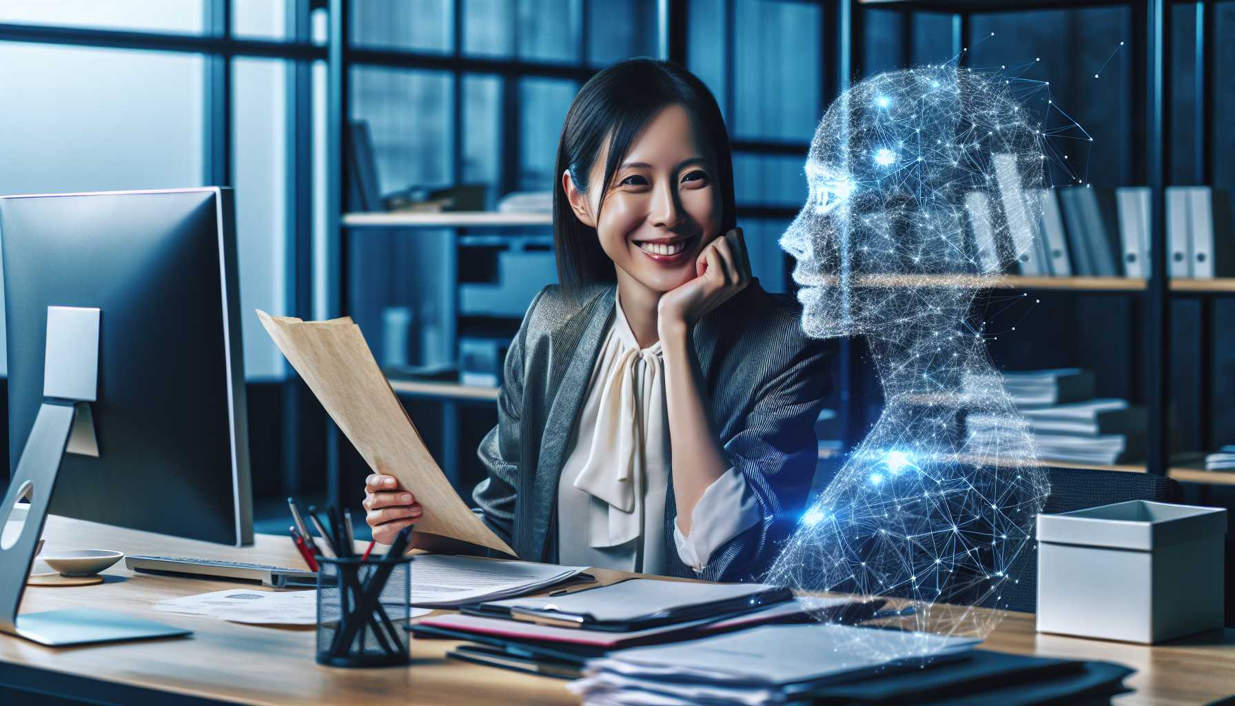 person finding joy in repetitive office work with AI working in the background