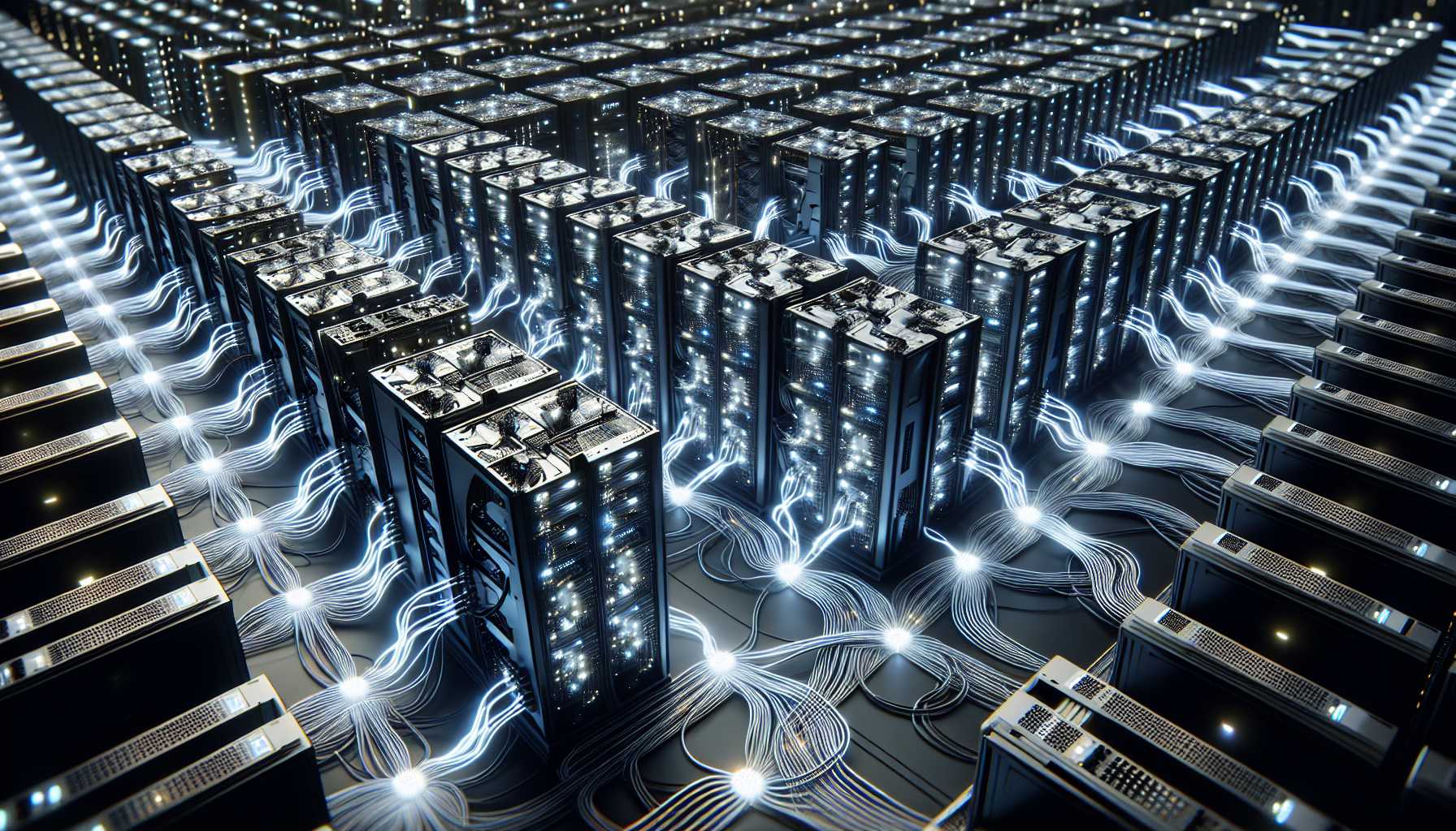 Intricate network of AI-powered servers consuming electricity