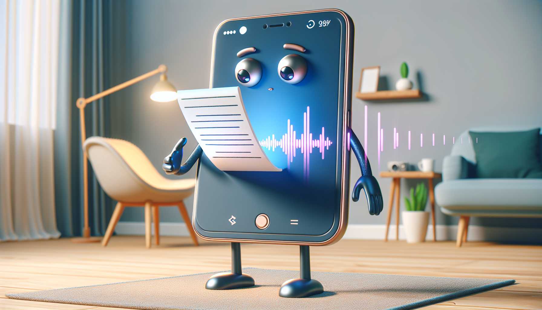 an anthropomorphic smartphone reading a message in a human-like voice