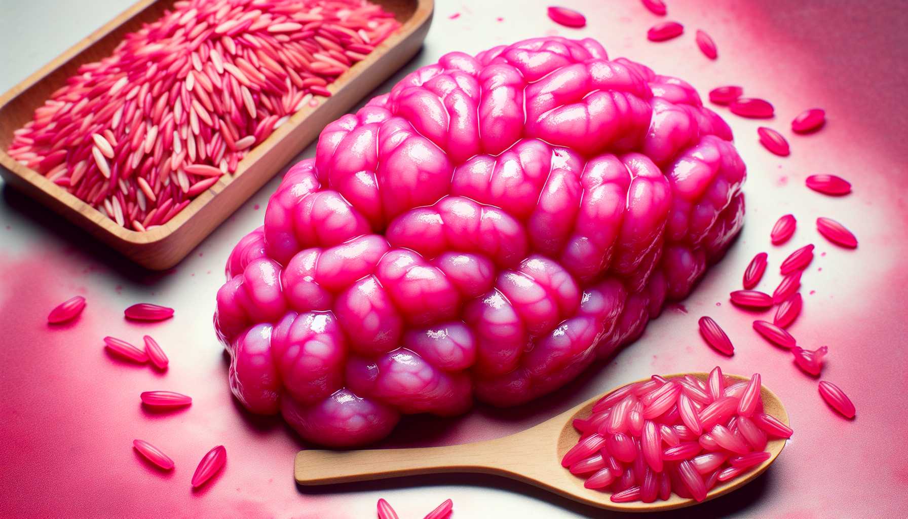 bright pink rice grains infused with muscle and fat cells resembling meat