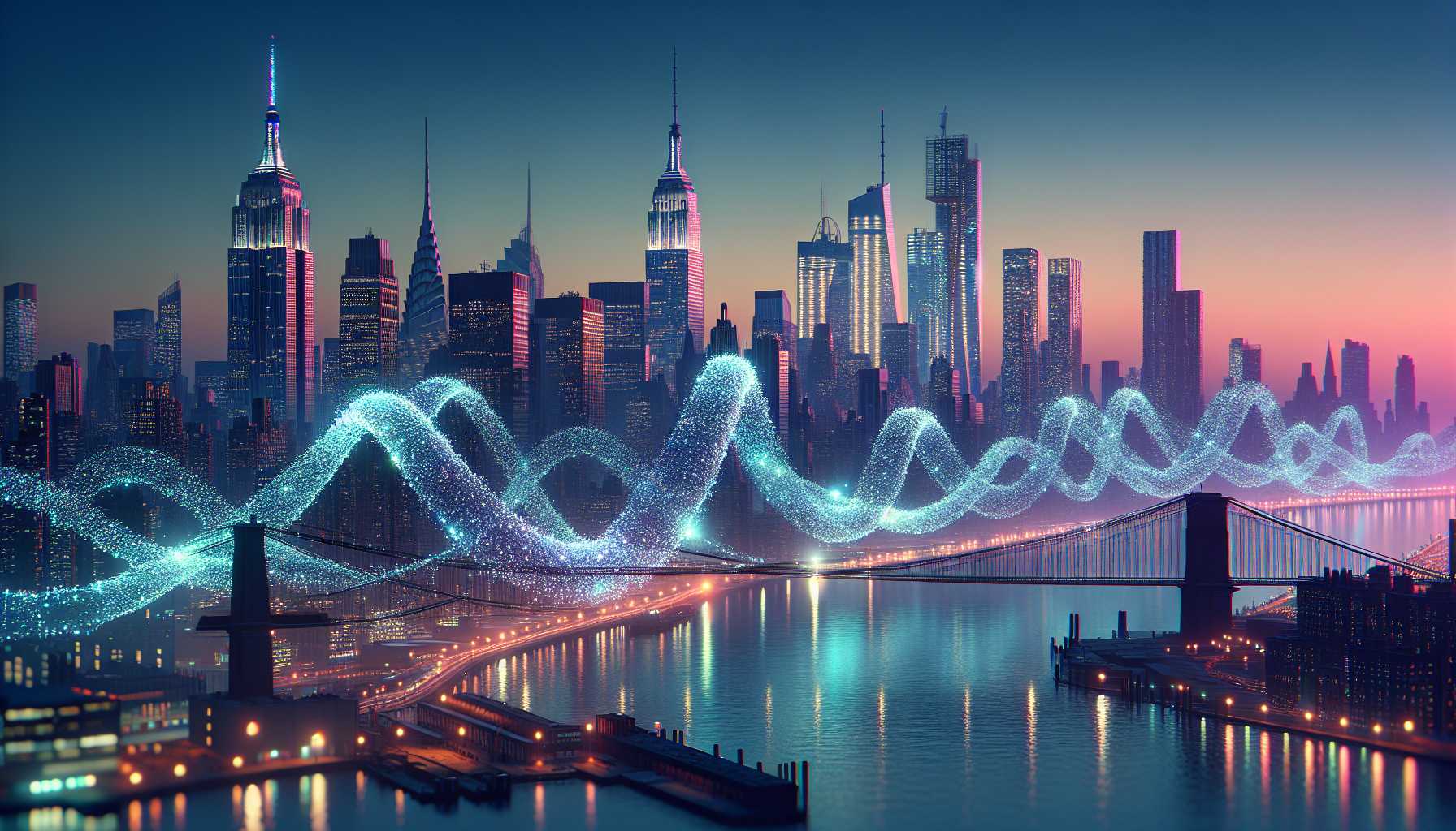 New York City skyline with digital chains around the city