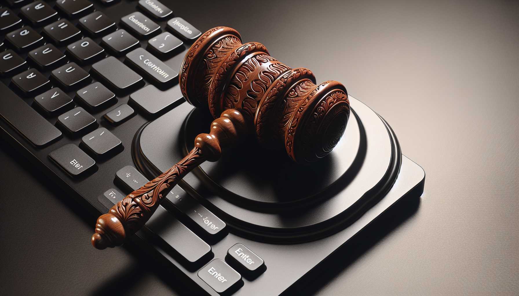 a courtroom gavel on top of a computer keyboard