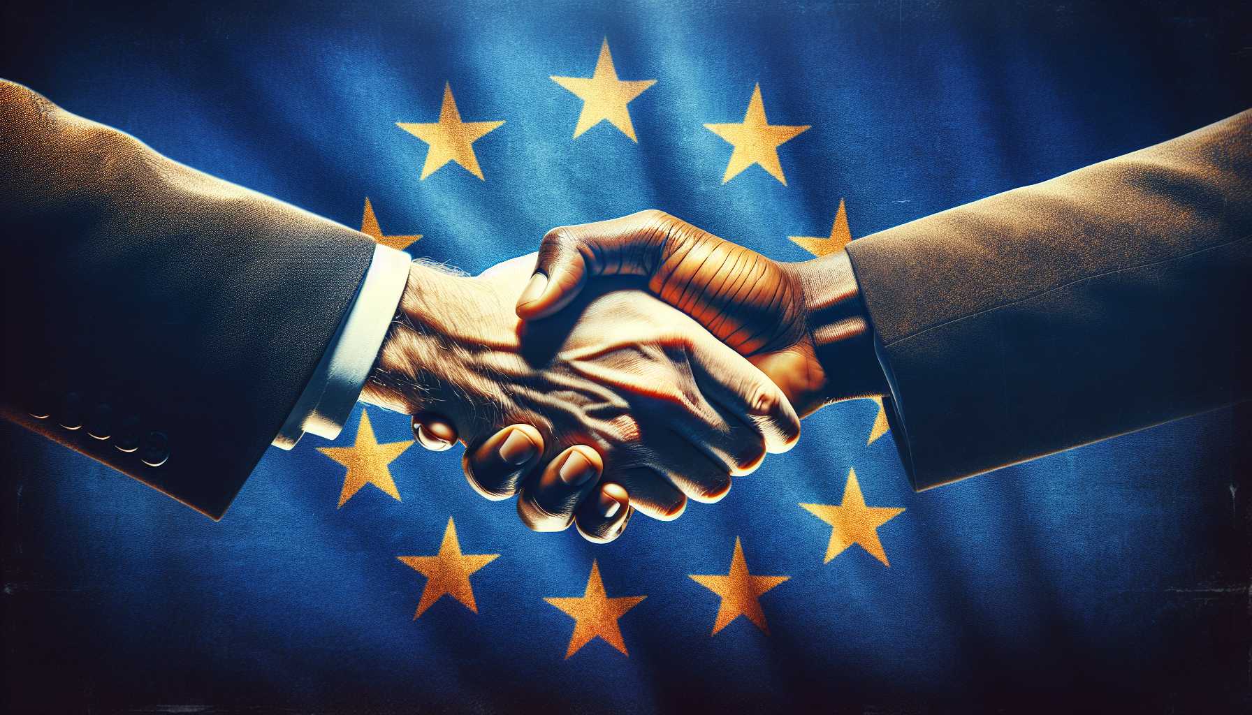 a white hand shaking a black hand over a European Union flag background