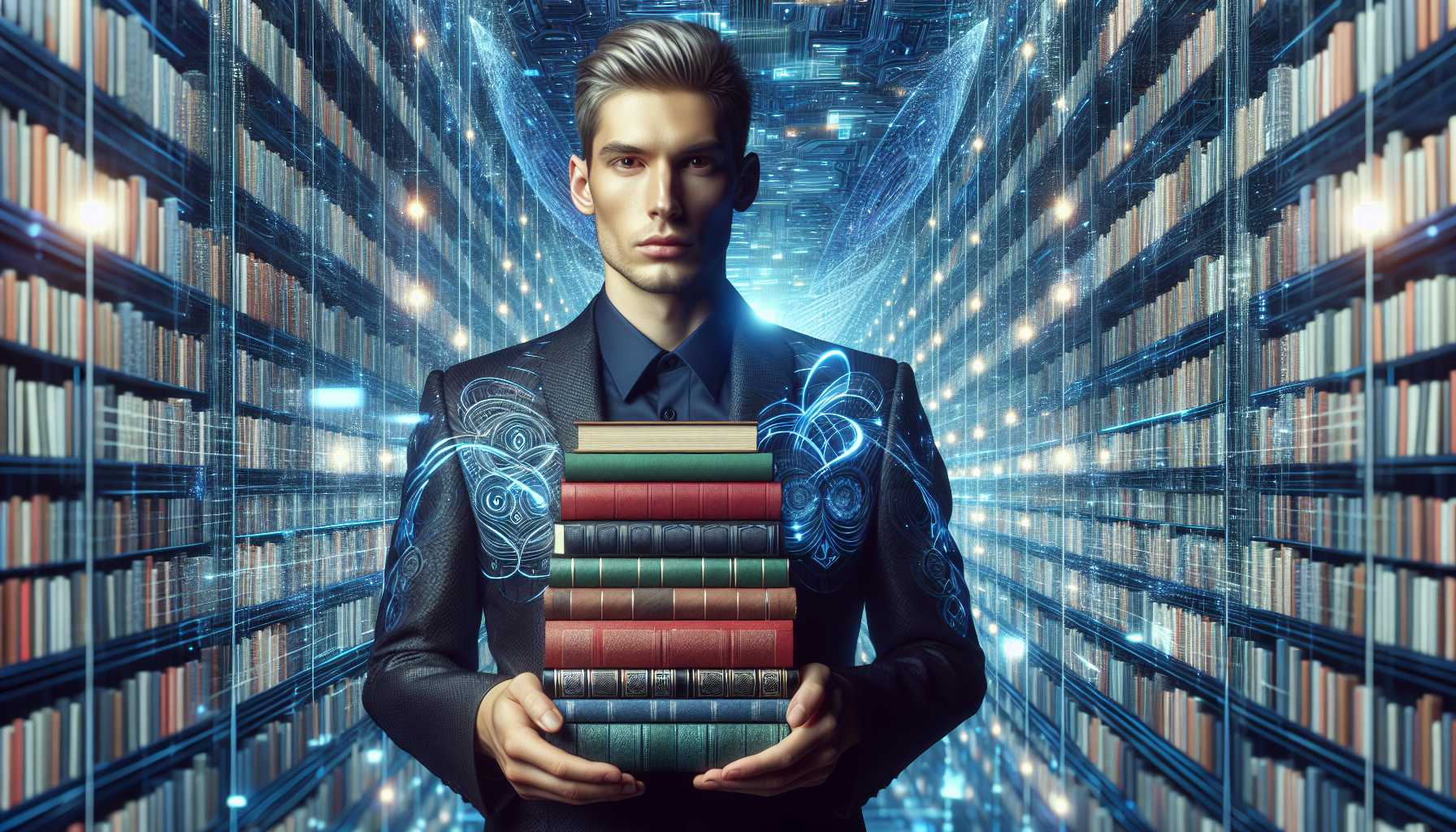 a celebrity holding books with a digital library background