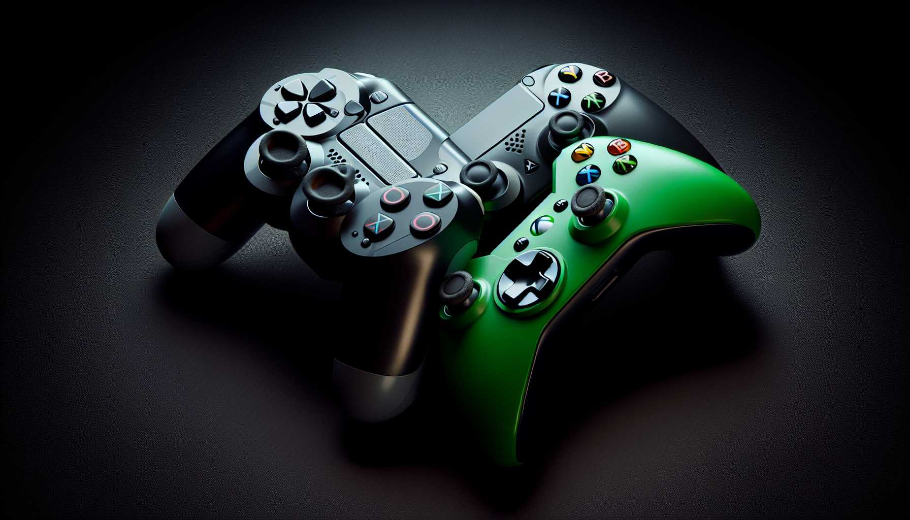 a PlayStation and Xbox controller leaning against each other forming a heart shape