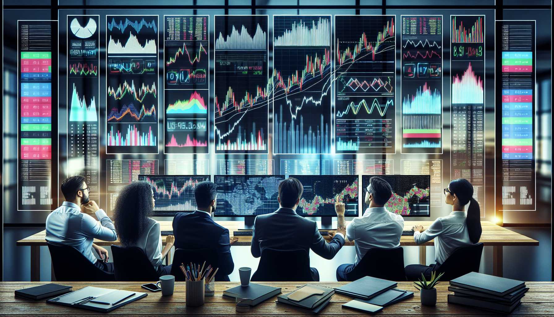 investors analyzing financial data on computer screens with charts showing stock trends of AI companies