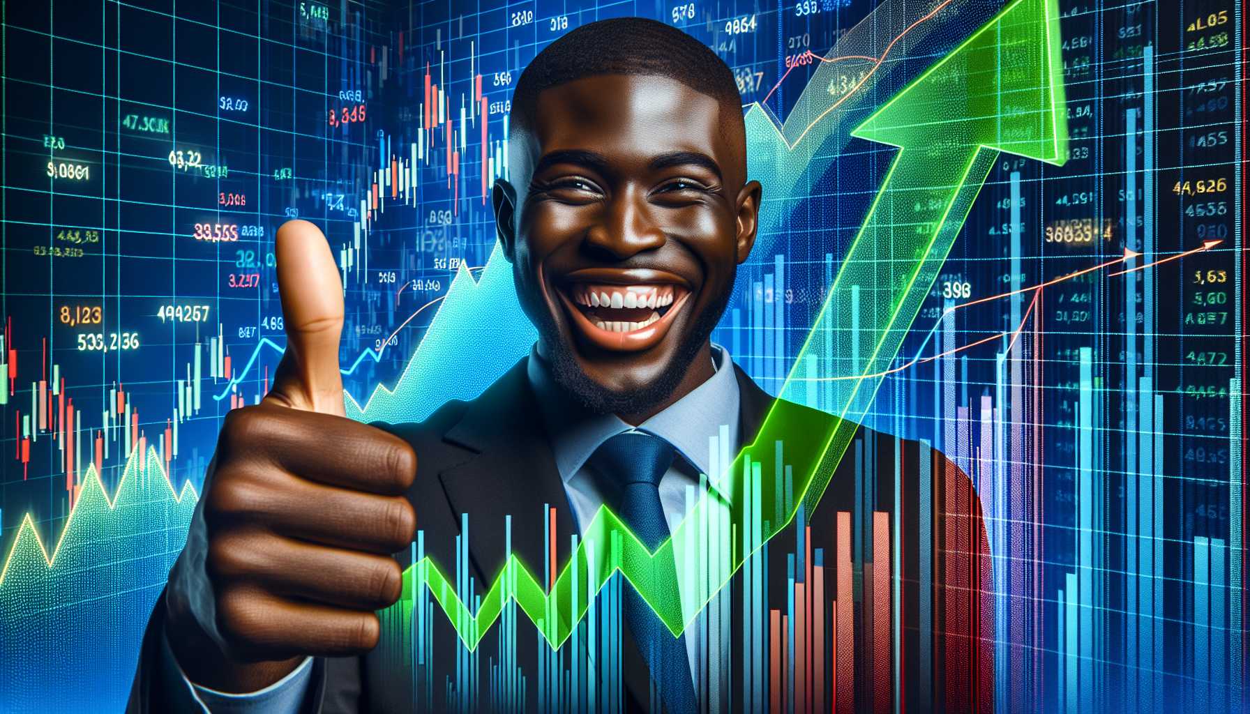 an overjoyed analyst giving a thumbs-up amid a backdrop of rising stock graphs for AI server companies