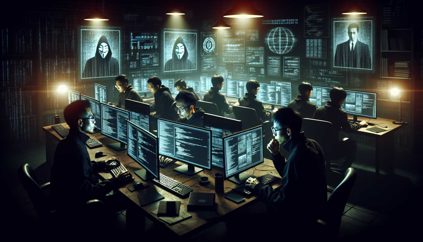 a concept art of North Korean cyber operatives developing malicious gaming websites in a dark room