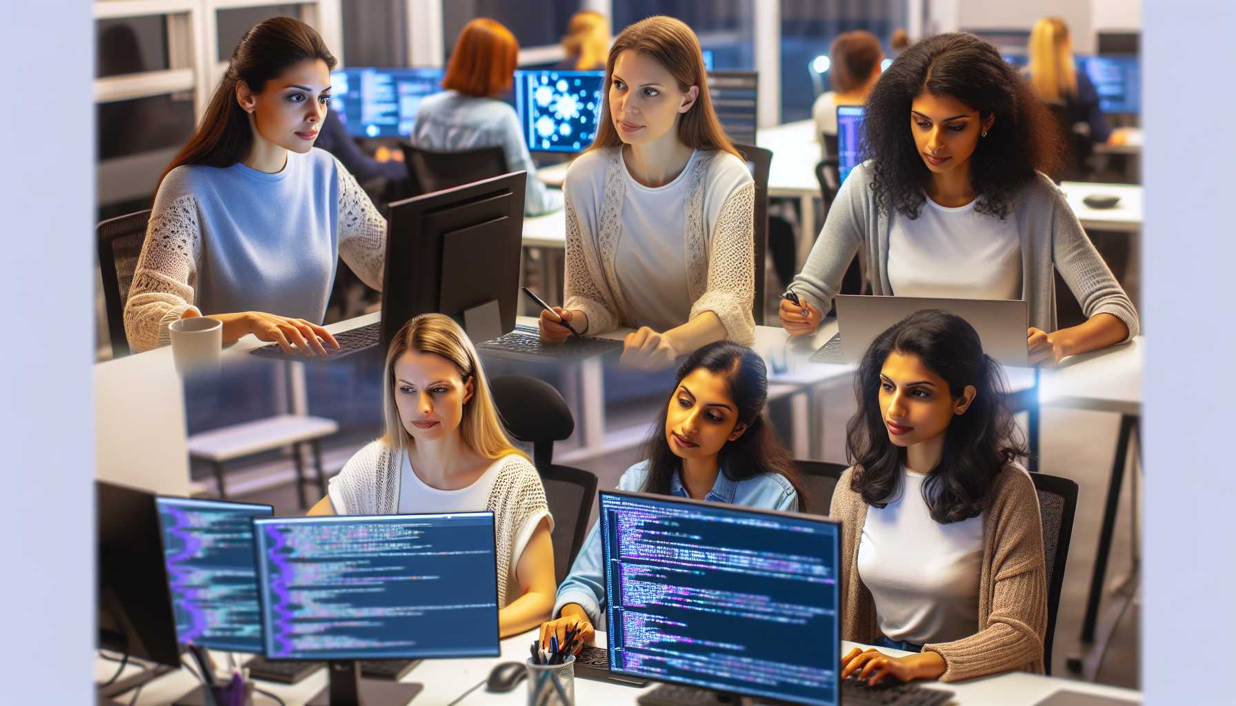 a diverse group of women working together on AI technology