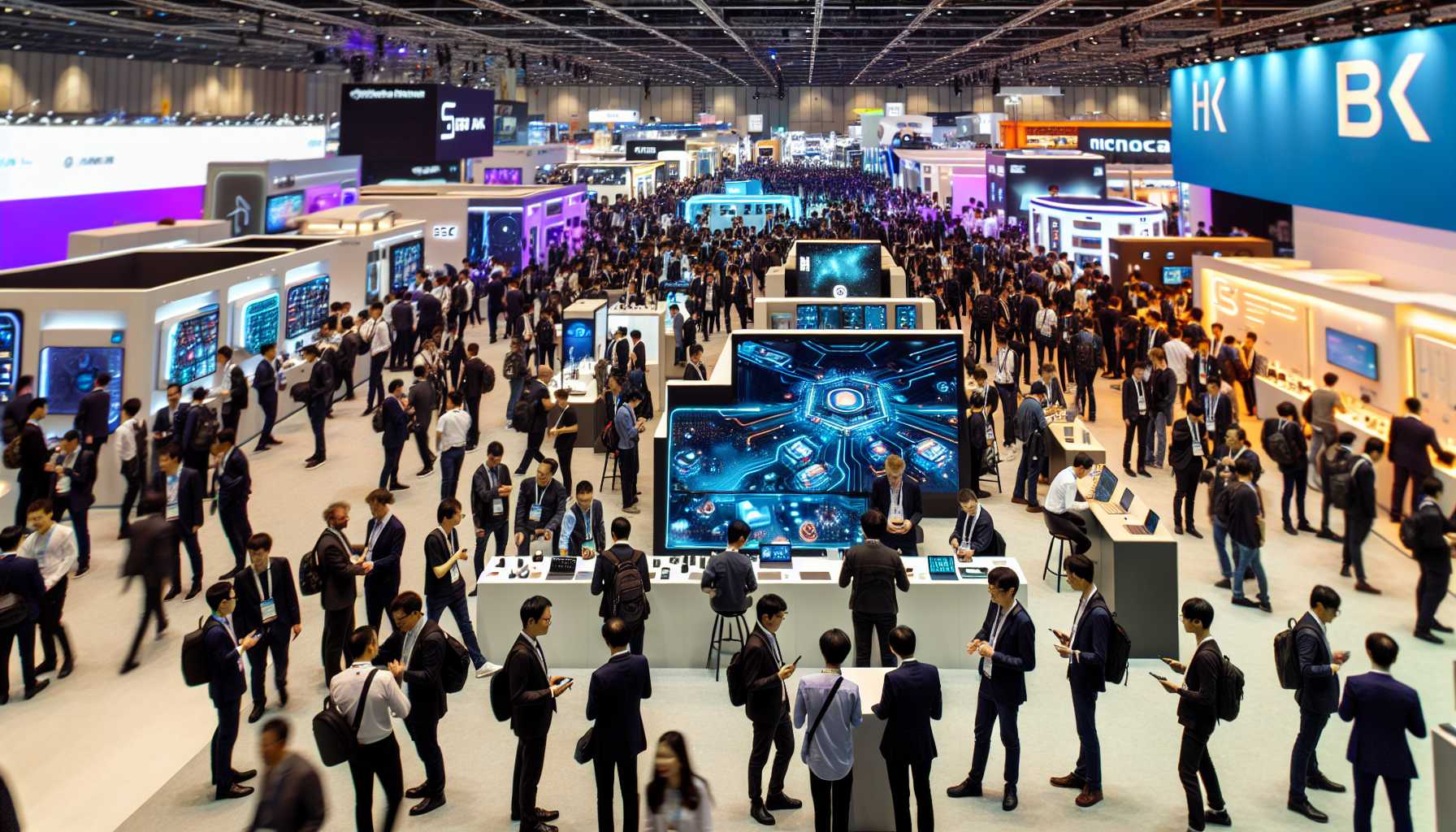 crowded tech convention floor at Mobile World Congress with various booths and displays