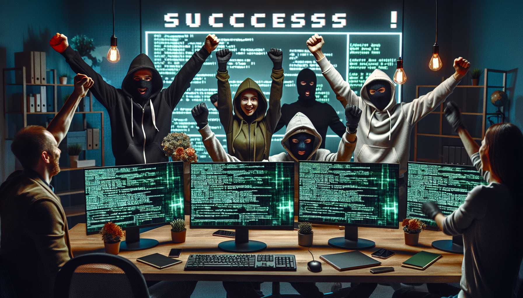 cyber criminals celebrating a successful ransomware attack