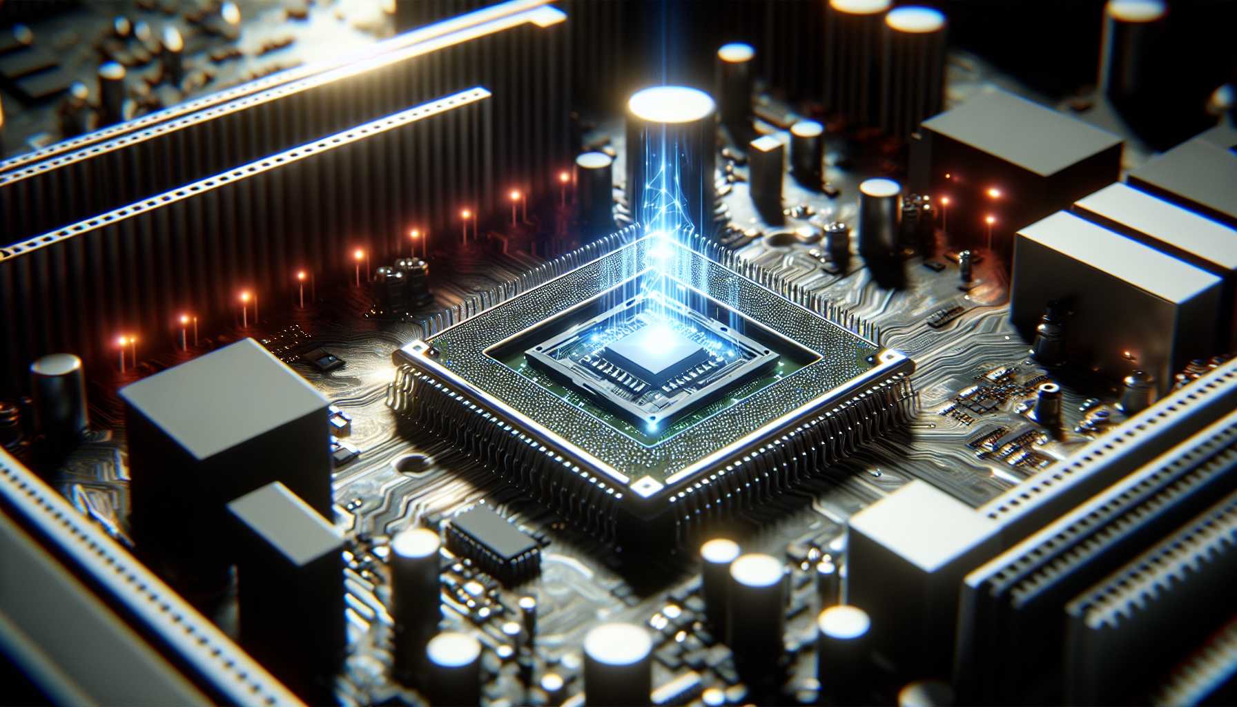 glowing AI chip on a futuristic motherboard