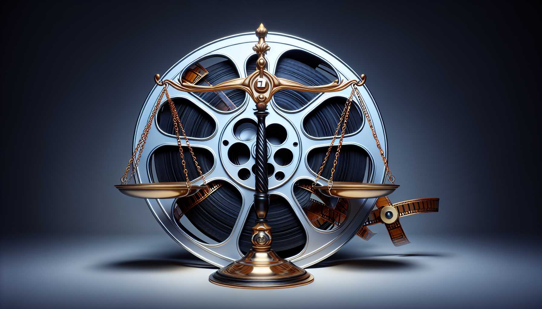 film reel entwined with legal scales to represent copyright issues in AI-generated content