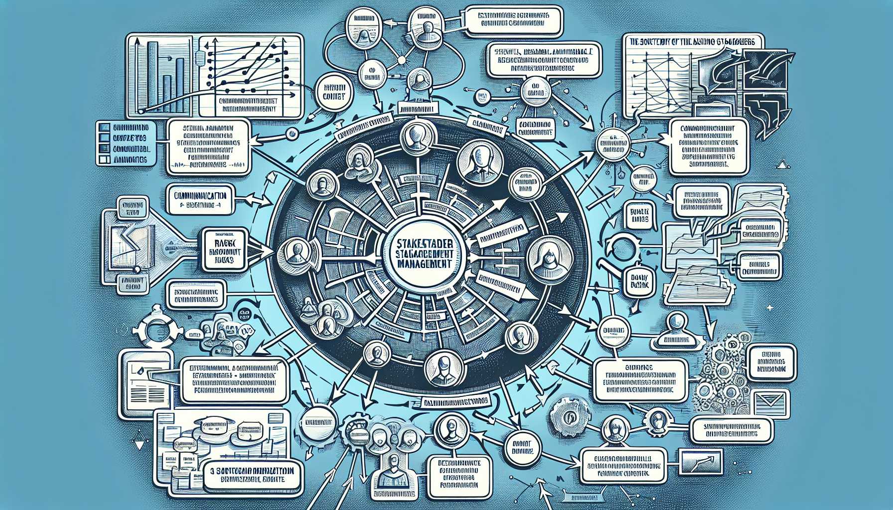 diagram of stakeholder management strategy in software development, including stakeholder map, communication channels, feedback loops, SMART milestones, risk mitigation, and the power of 'No'