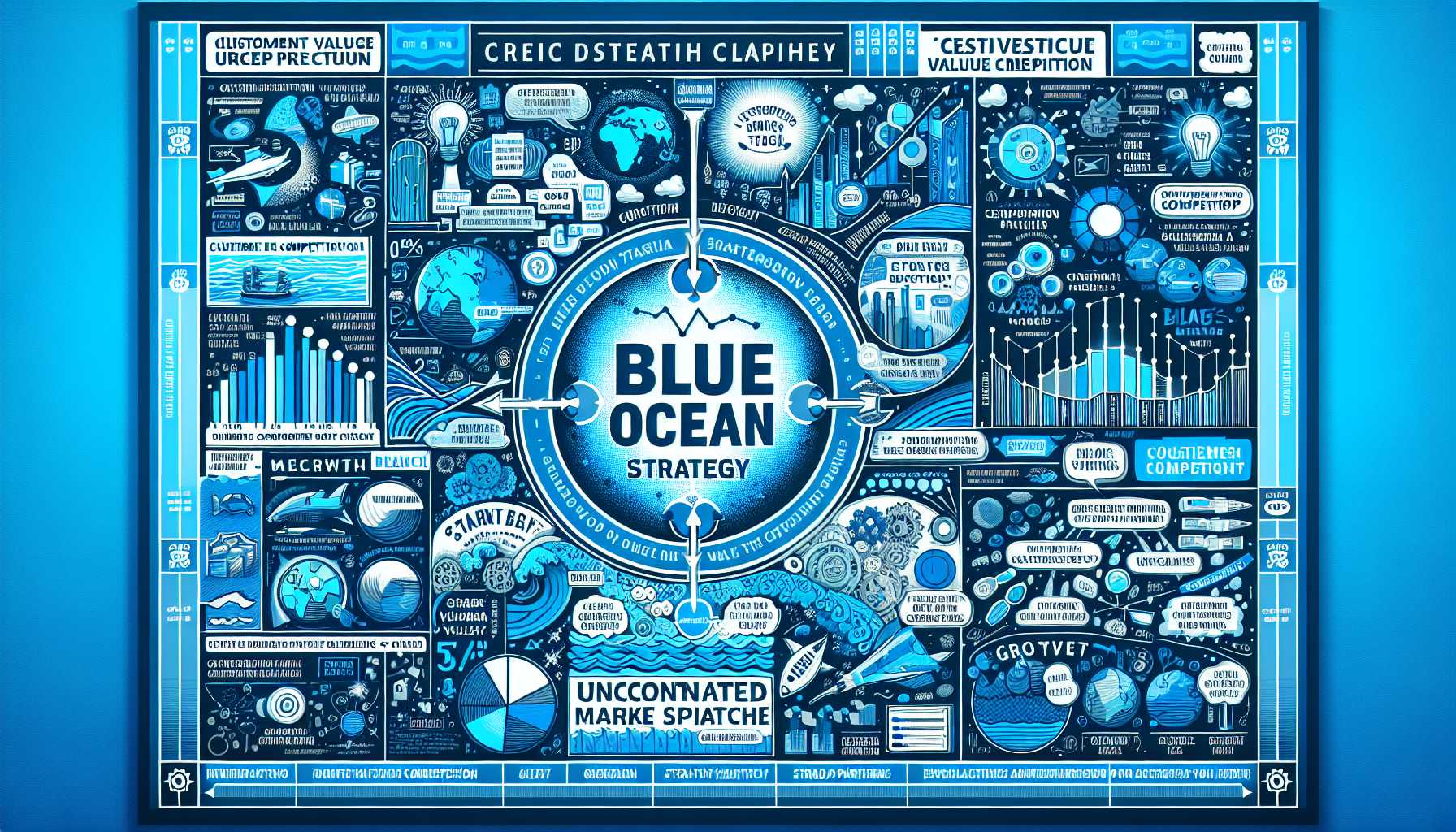 blue ocean strategy chart with creative illustration of new tech market exploration, customer value creation and strategic partnerships