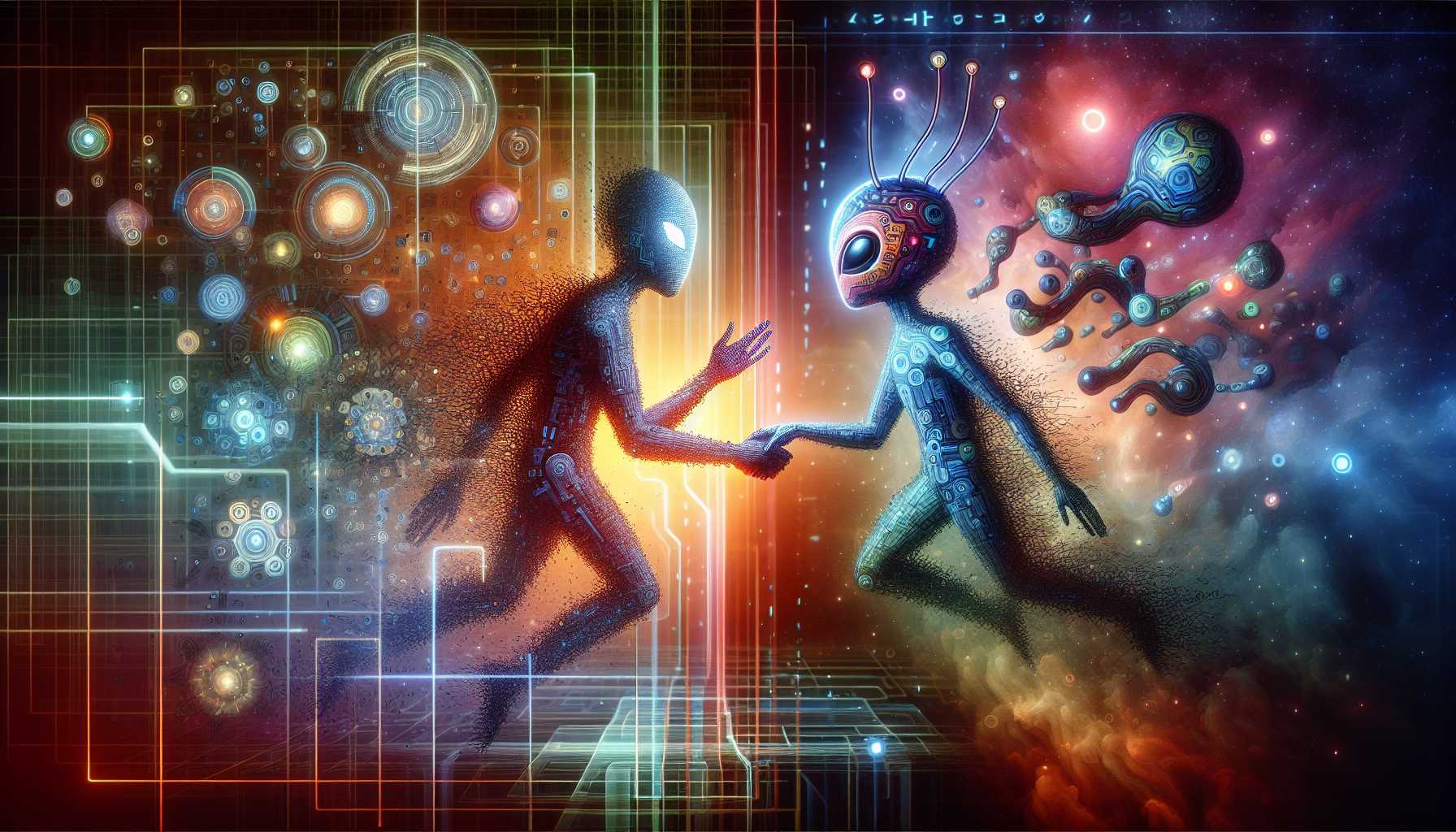 an abstract depiction of an AI and Reddit alien shaking hands