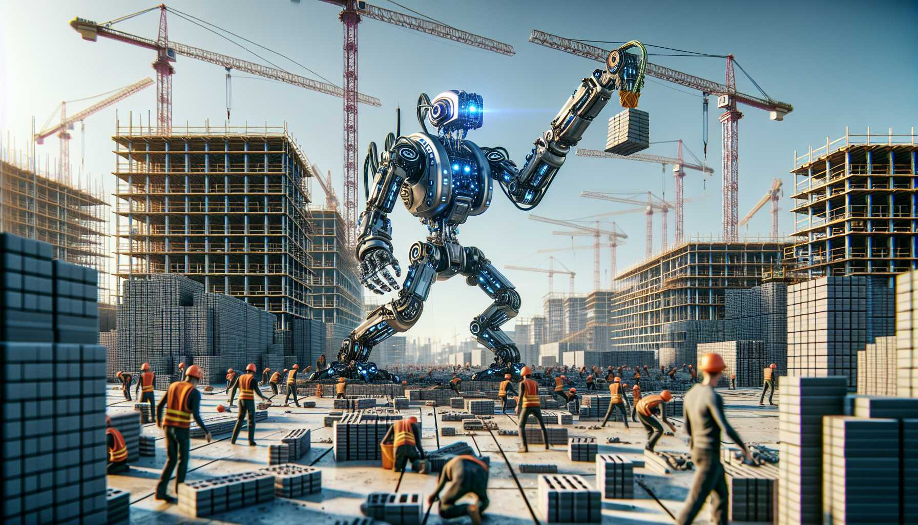 a futuristic robot laying bricks on a construction site