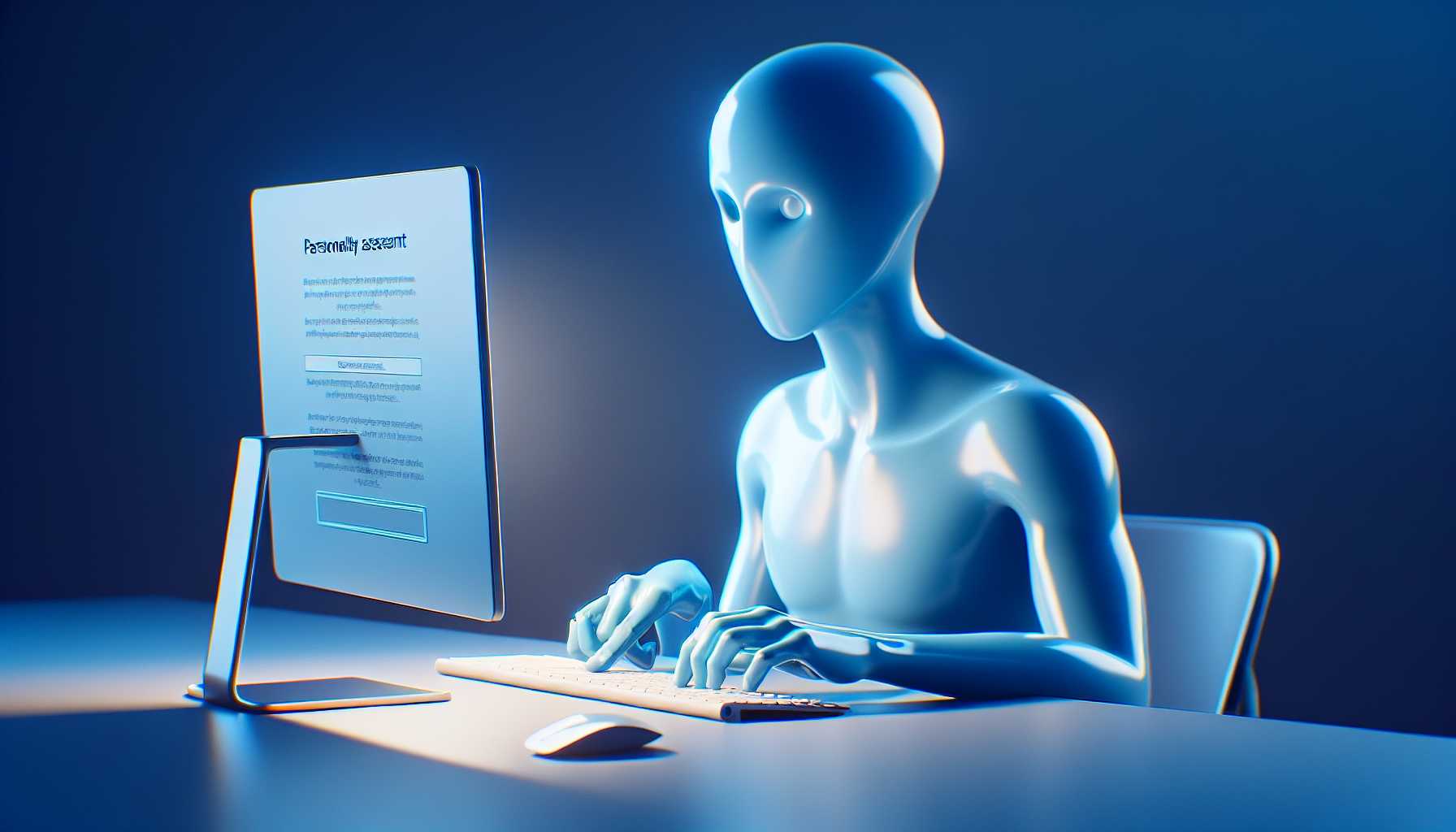 a blue humanoid avatar taking a personality test on a computer screen