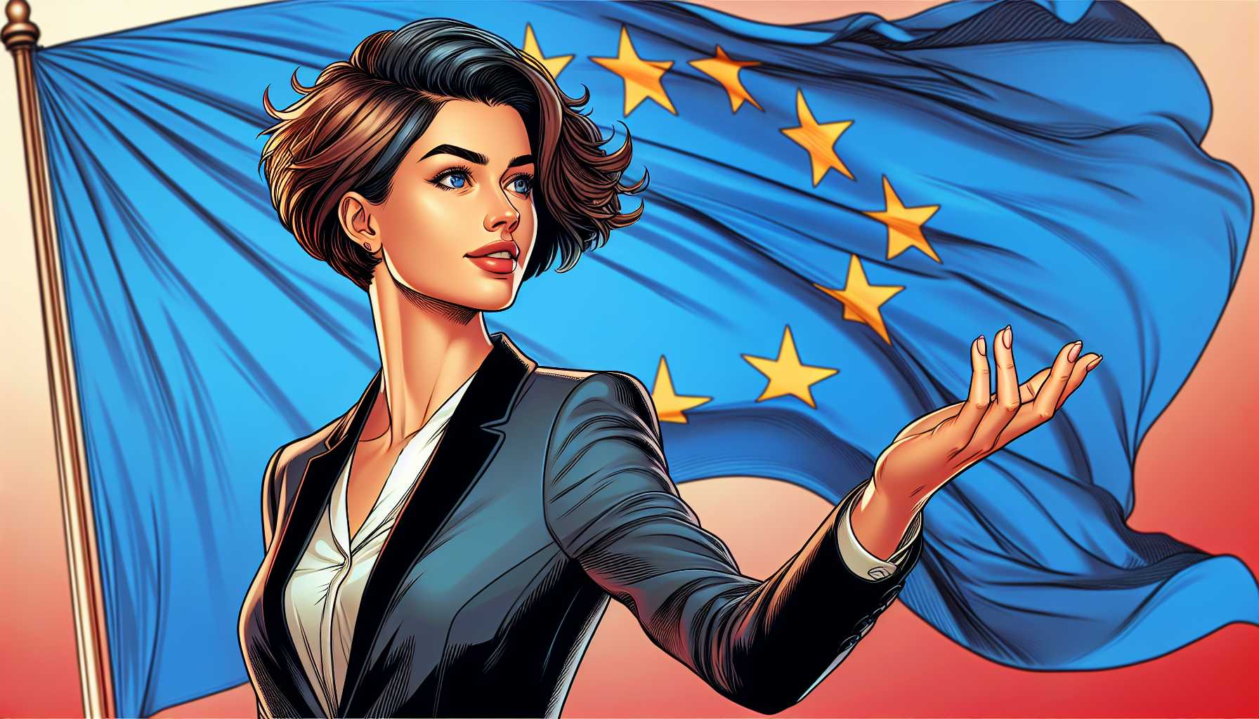 portrait of Eva Maydell with EU flag in the background