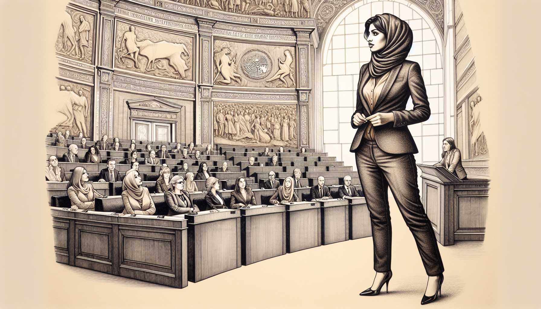 illustration of a woman leading a discussion at a European Parliament session