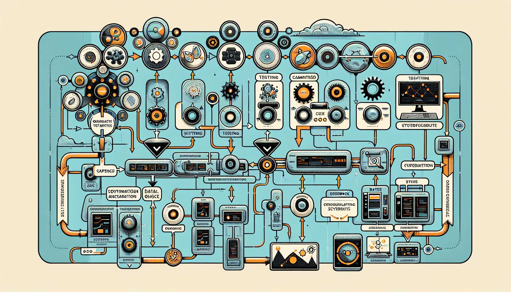 A detailed organigram of a tech company quality assurance system including automated testing, CI pipeline, and data analytics feedback loop.