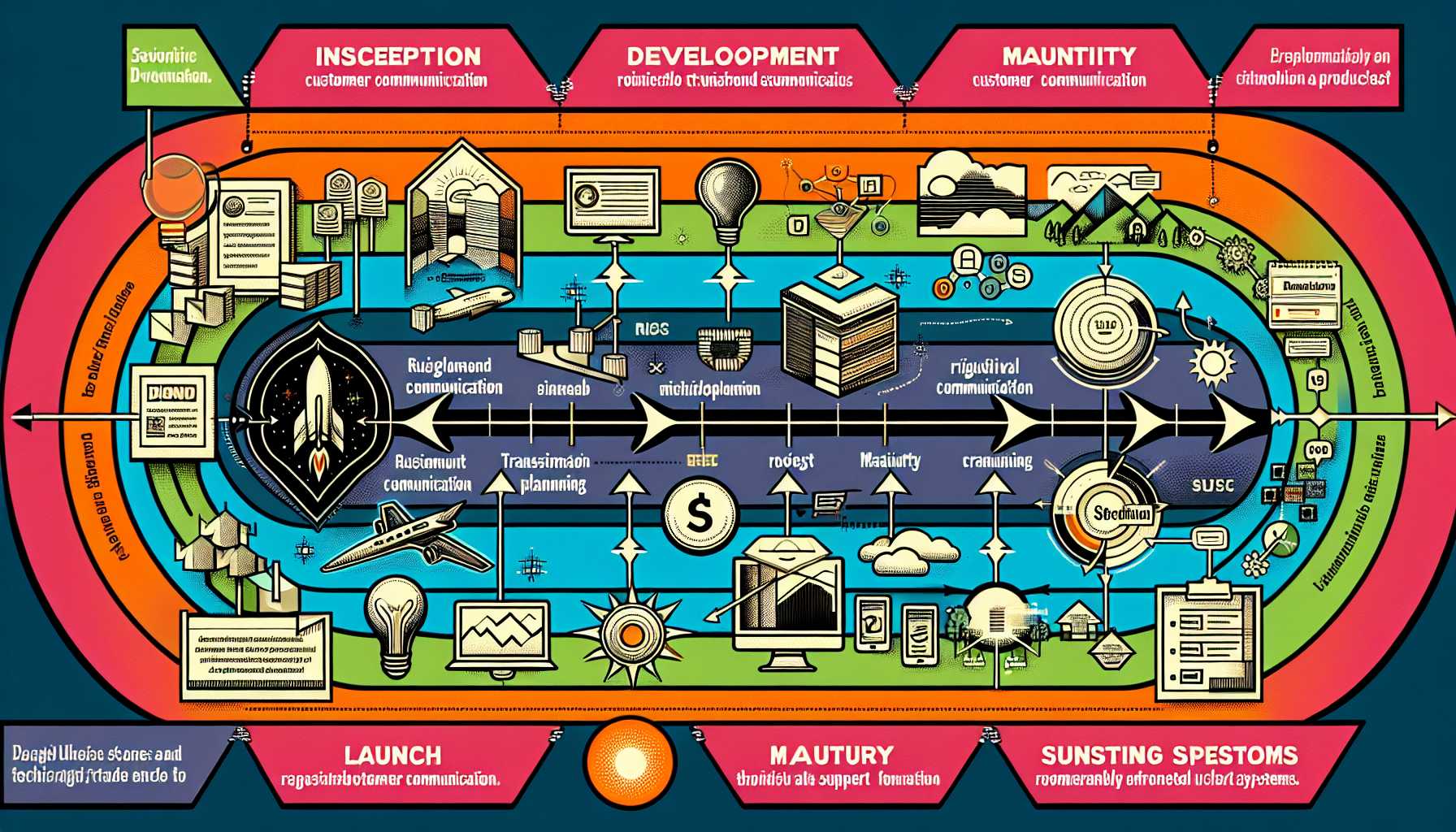 A timeline infographic depicting the lifecycle of a technology product with a highlighted sunsetting phase, emphasizing customer communication, transition planning, and support systems.