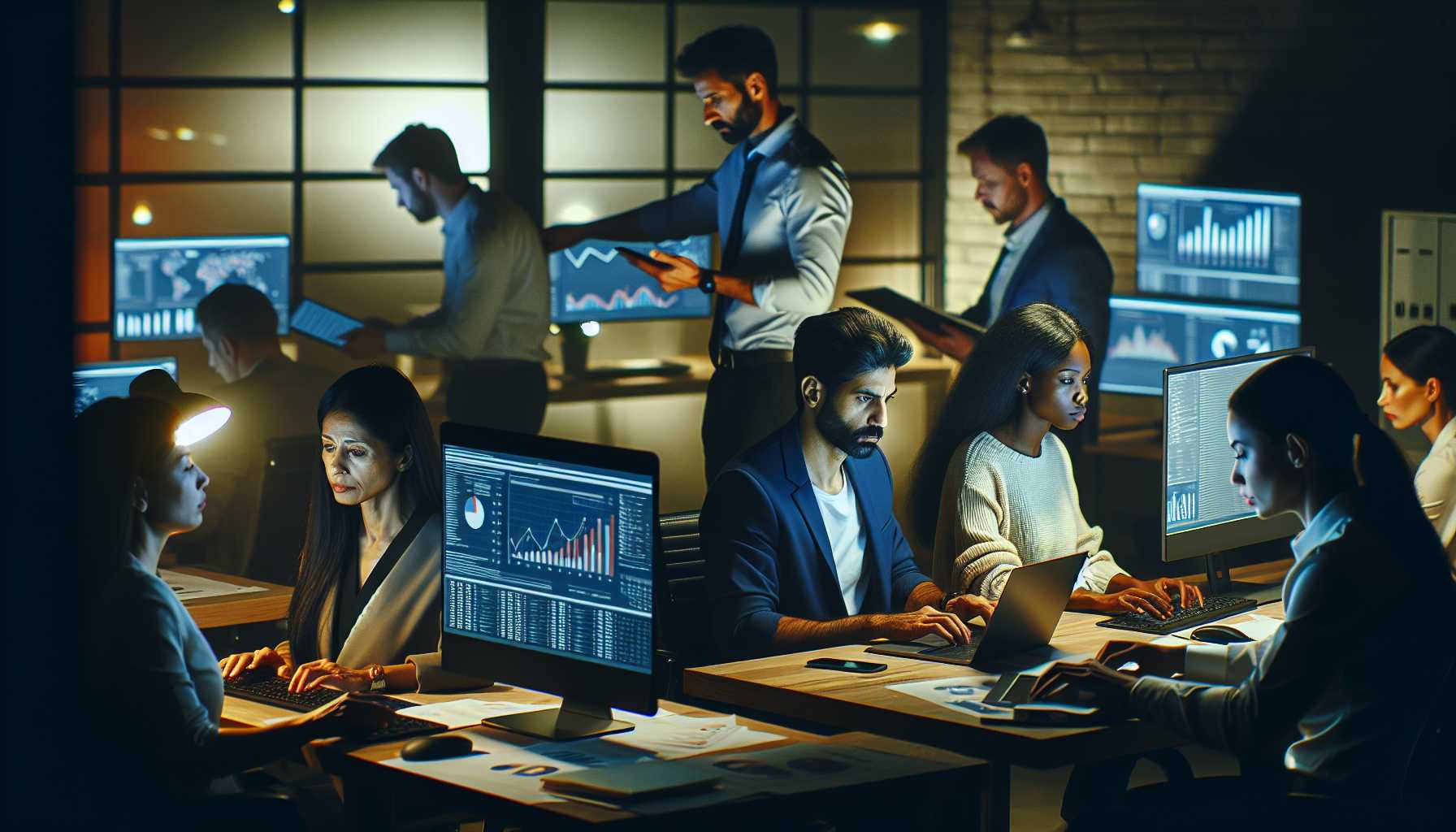 a team of analysts working late night on computers in an office