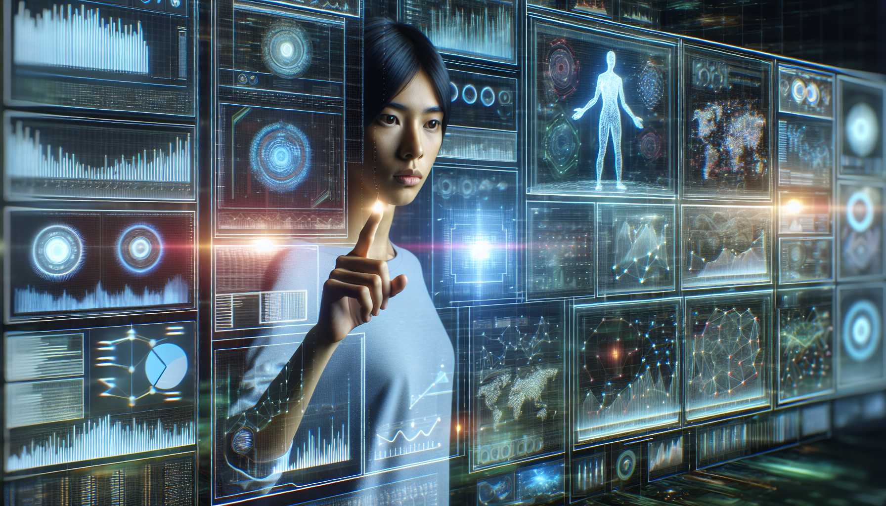 a figure standing in front of a wall of digital screens displaying graphs and data points