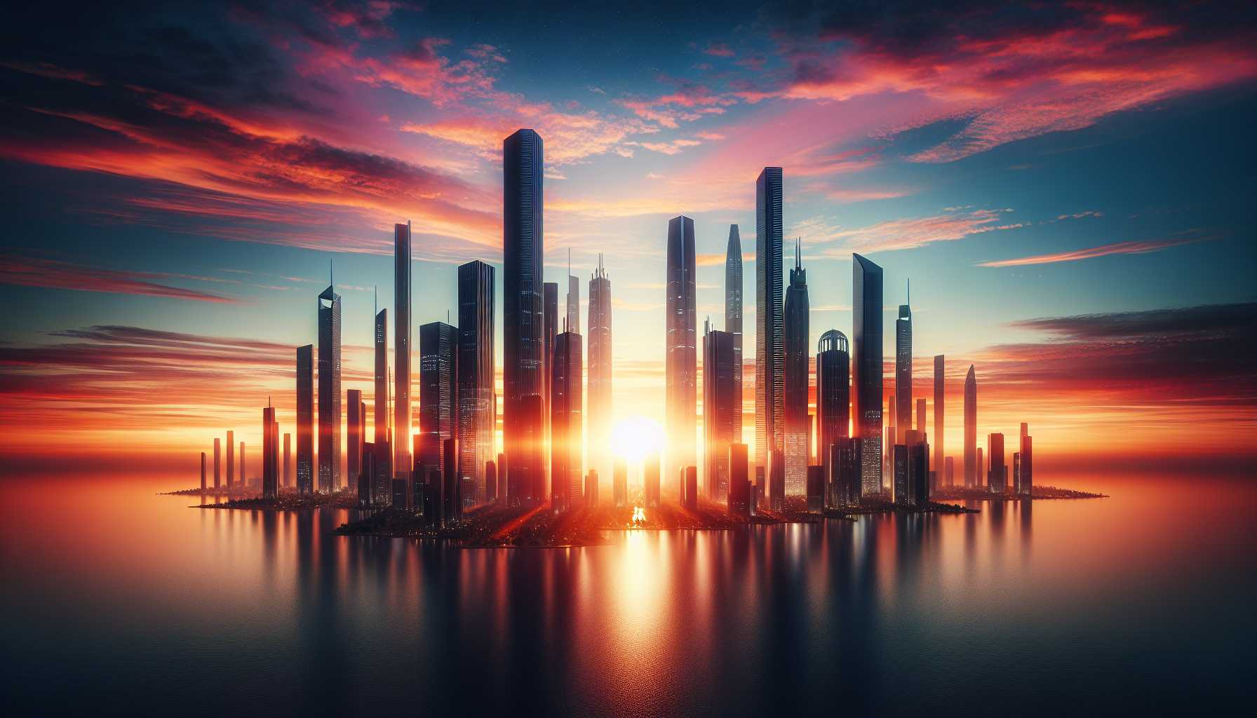 a dawn horizon with silhouettes of skyscrapers representing a new era in finance and technology