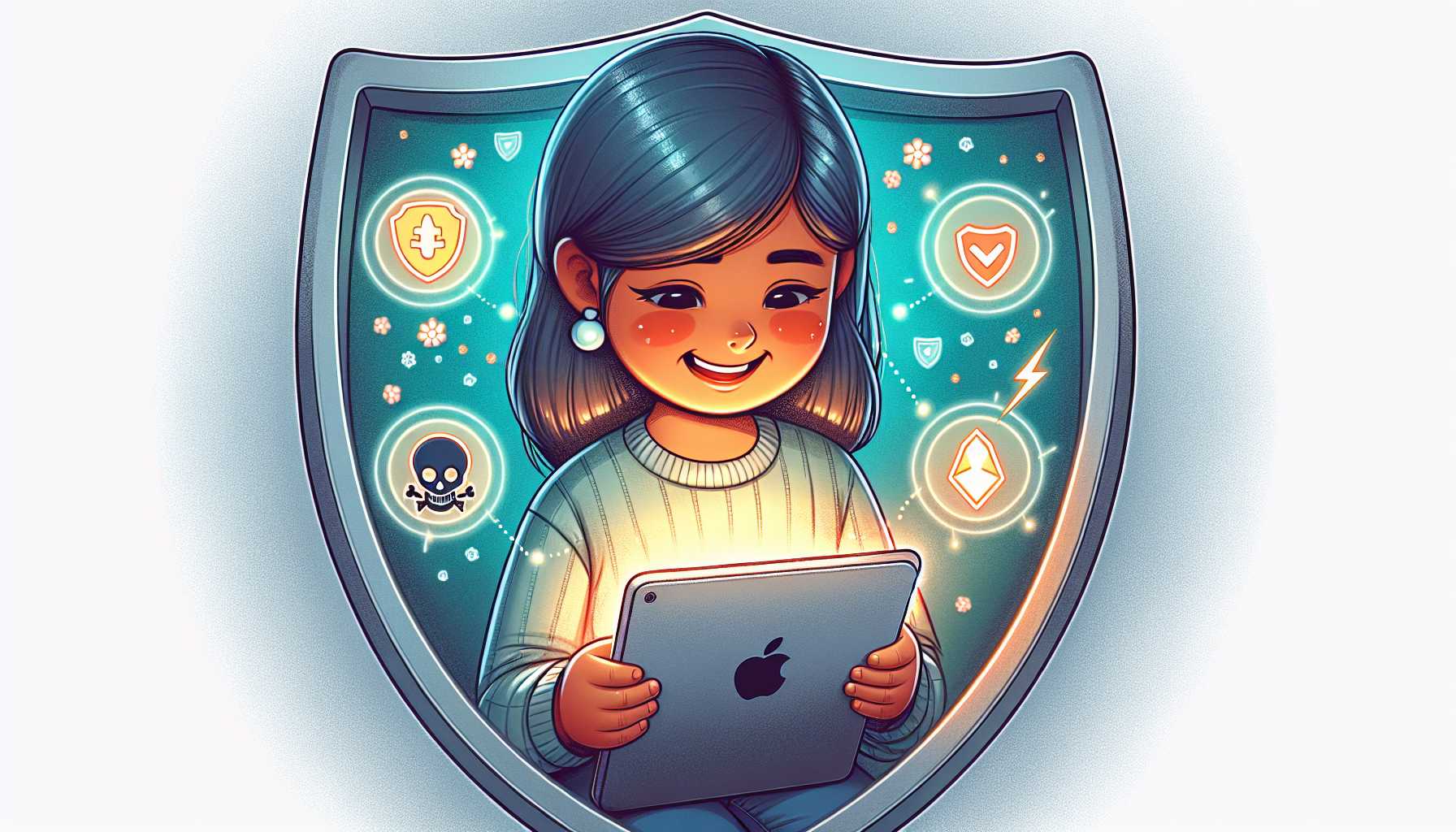 Cartoon of child using a digital device with a shield protecting them from harmful content