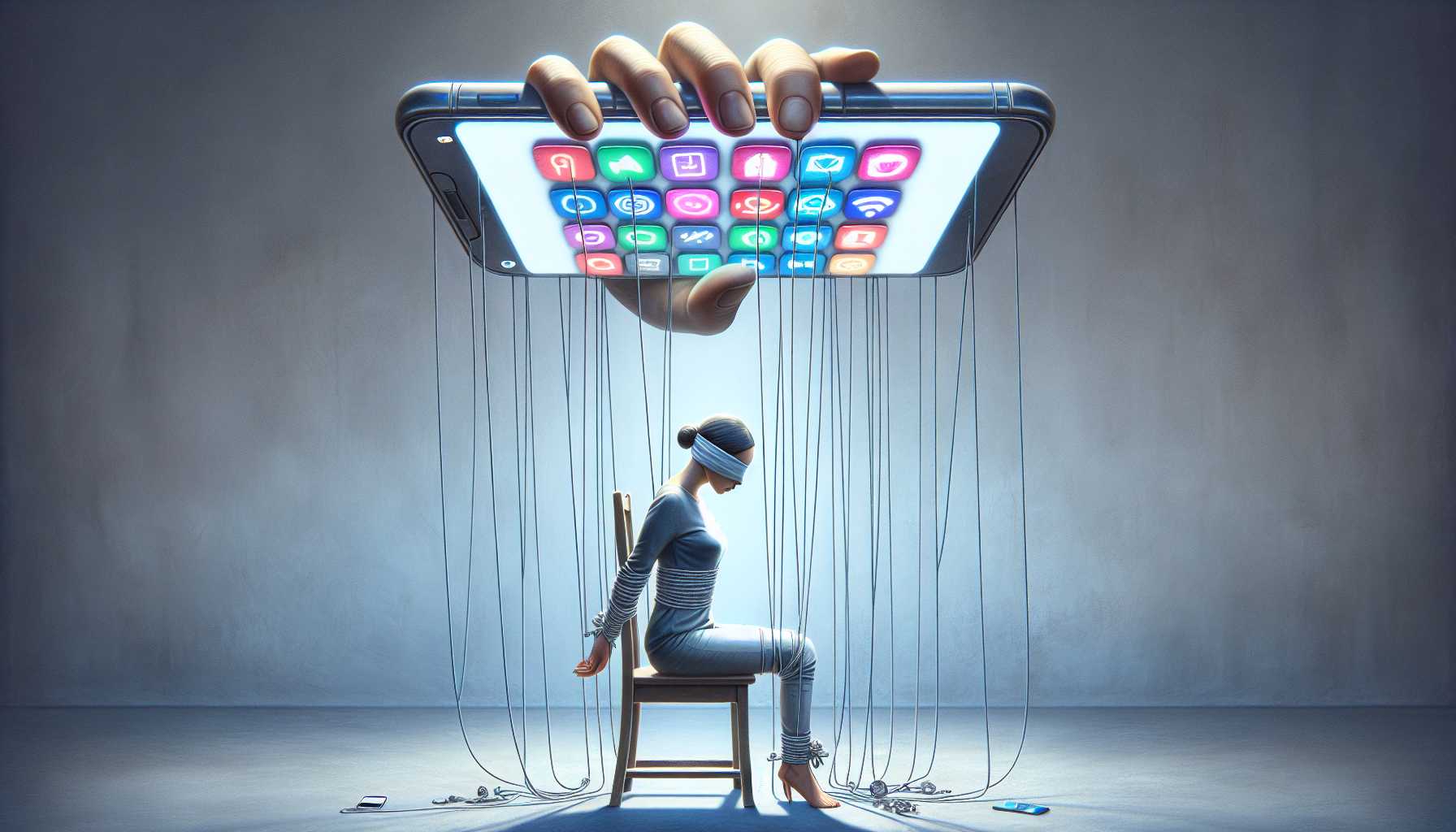 Person tied to a chair with puppet strings controlled by a giant mobile app interface