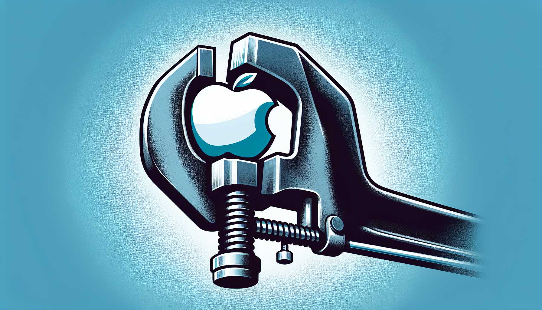 Apple's logo caught in a vice grip, representing antitrust investigations