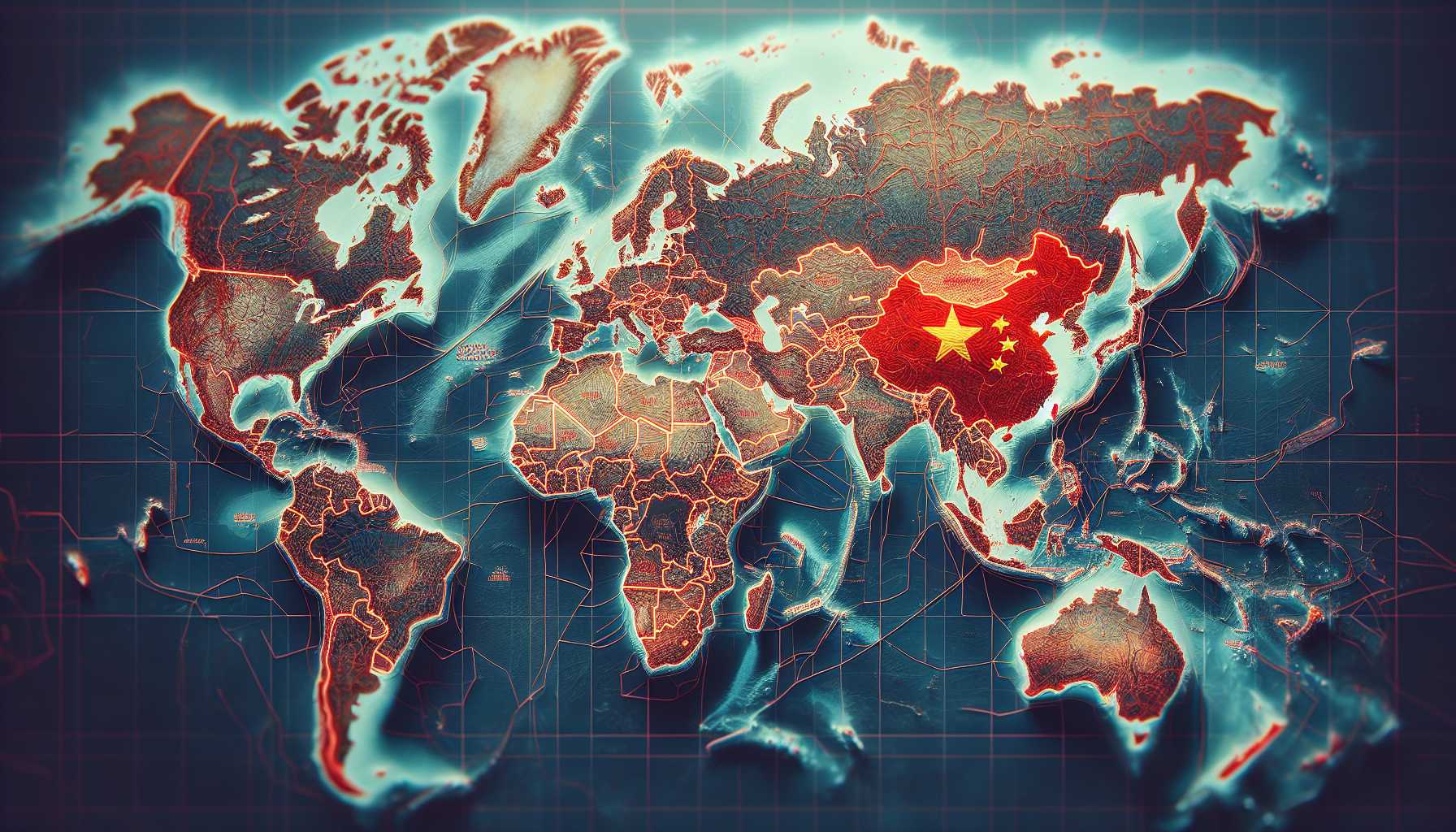 a world map with China highlighted in red