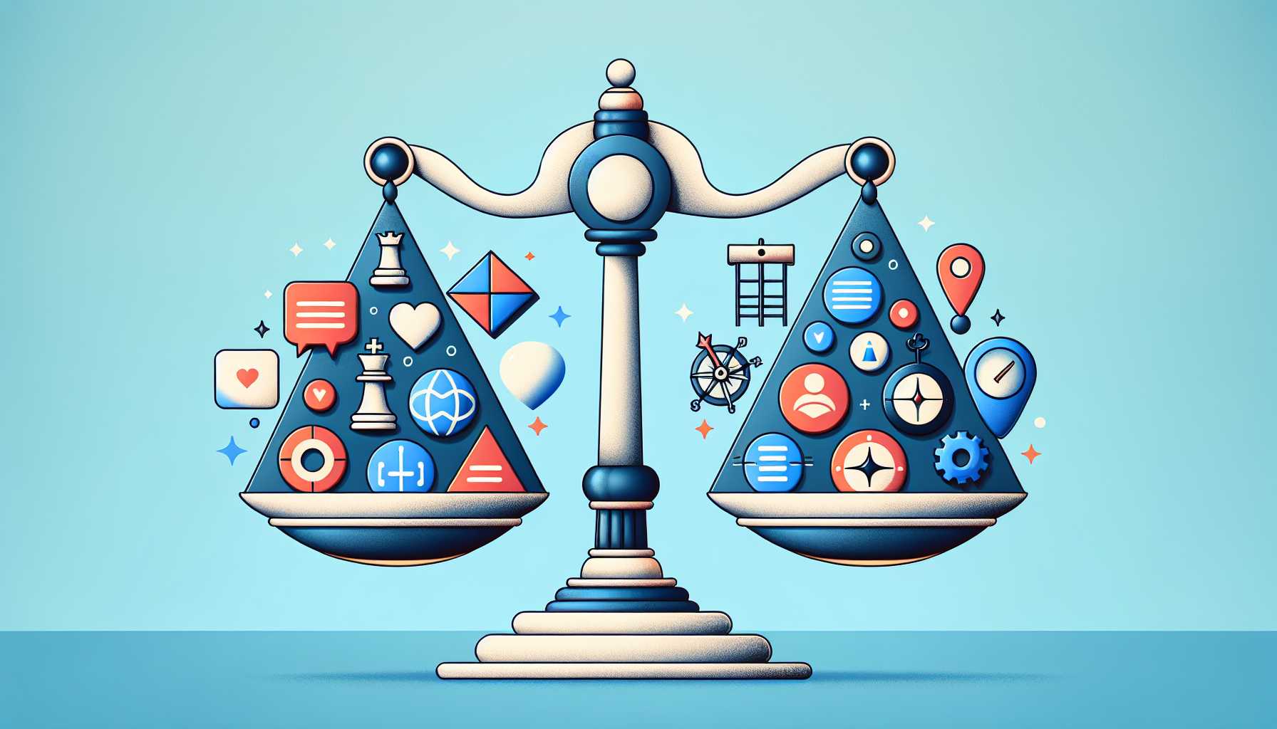 a set of balance scales with software features on one side and strategic goals on the other, representing the decision-making process in product management