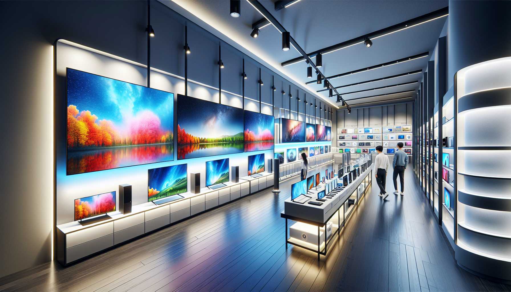 bright and modern electronics store aisle with televisions on display