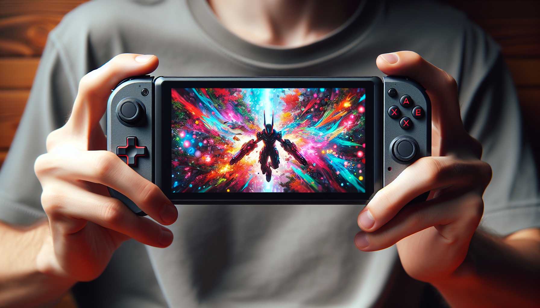 a person holding a Nintendo Switch OLED with colorful graphics on the screen