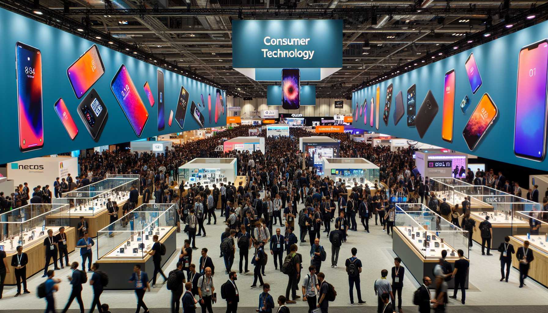 a busy and energetic tech convention floor at Mobile World Congress with banners and new devices