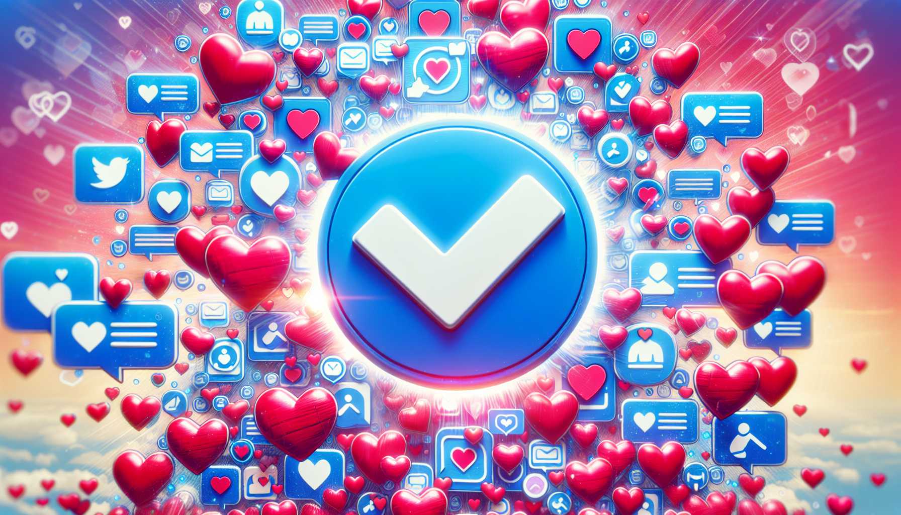 a blue verified checkmark surrounded by hearts and dating app interfaces