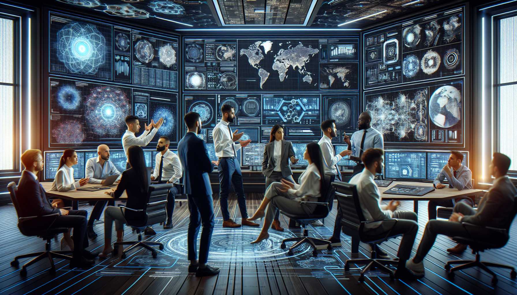 government officials discussing cybersecurity measures in a high-tech control room