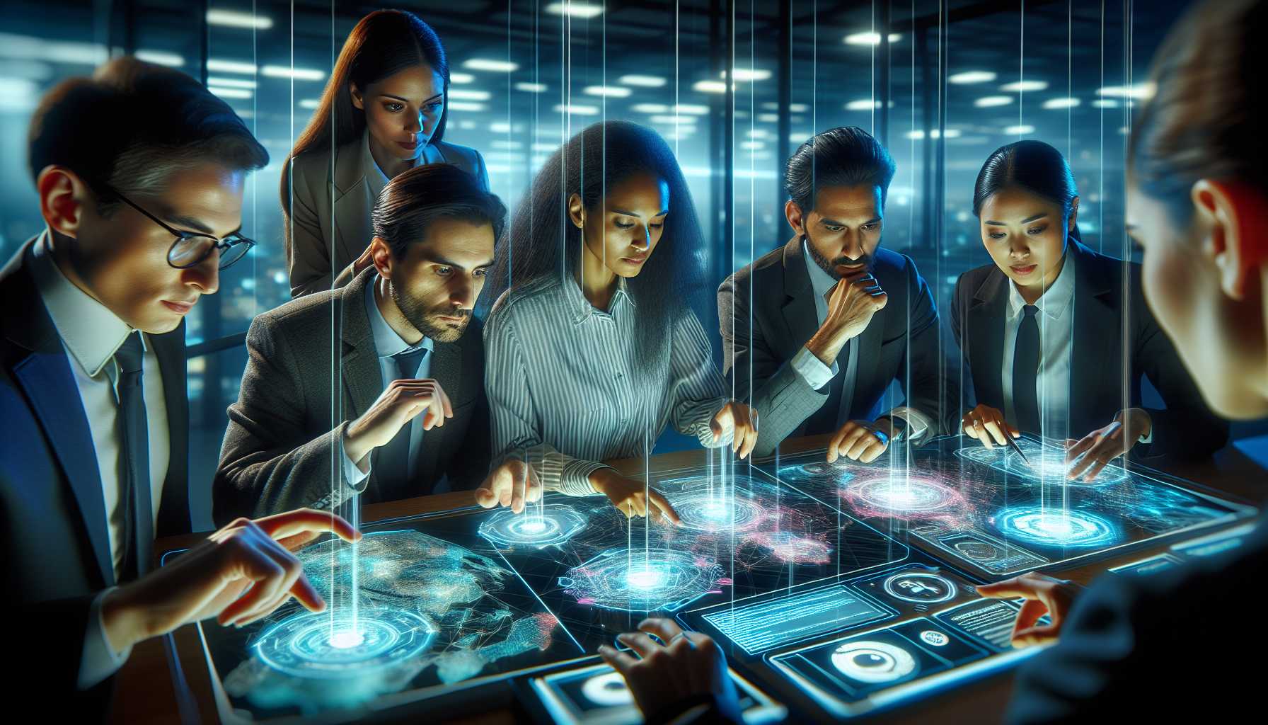 international cybersecurity task force operation in action with holographic interfaces