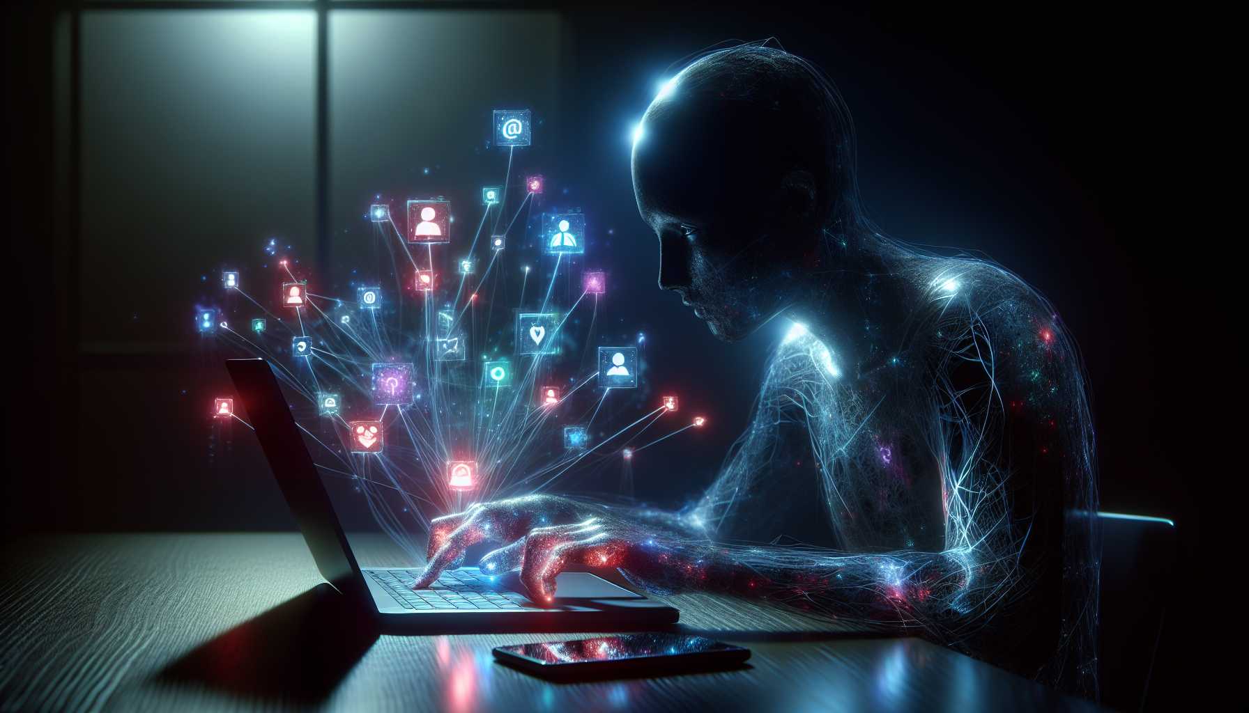 shadowy figure using AI on a laptop with holographic connections to social media platforms