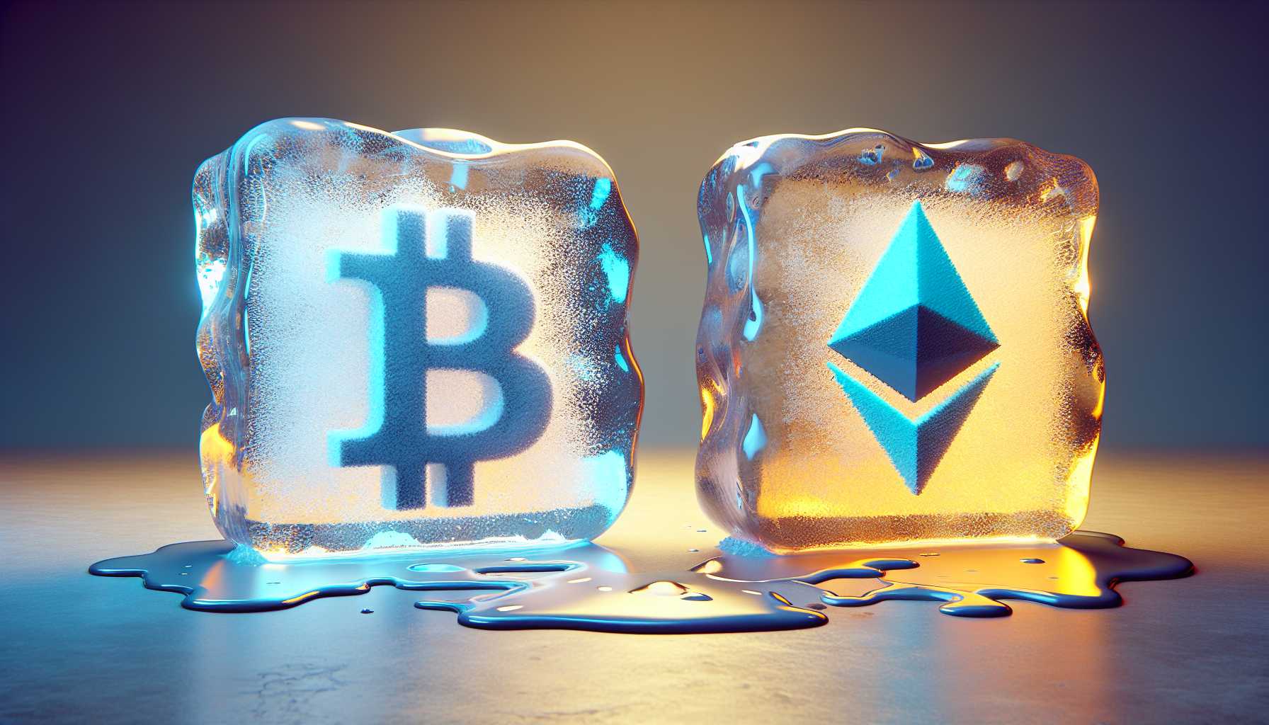 cryptocurrency symbols Bitcoin and Ethereum thawing out of ice