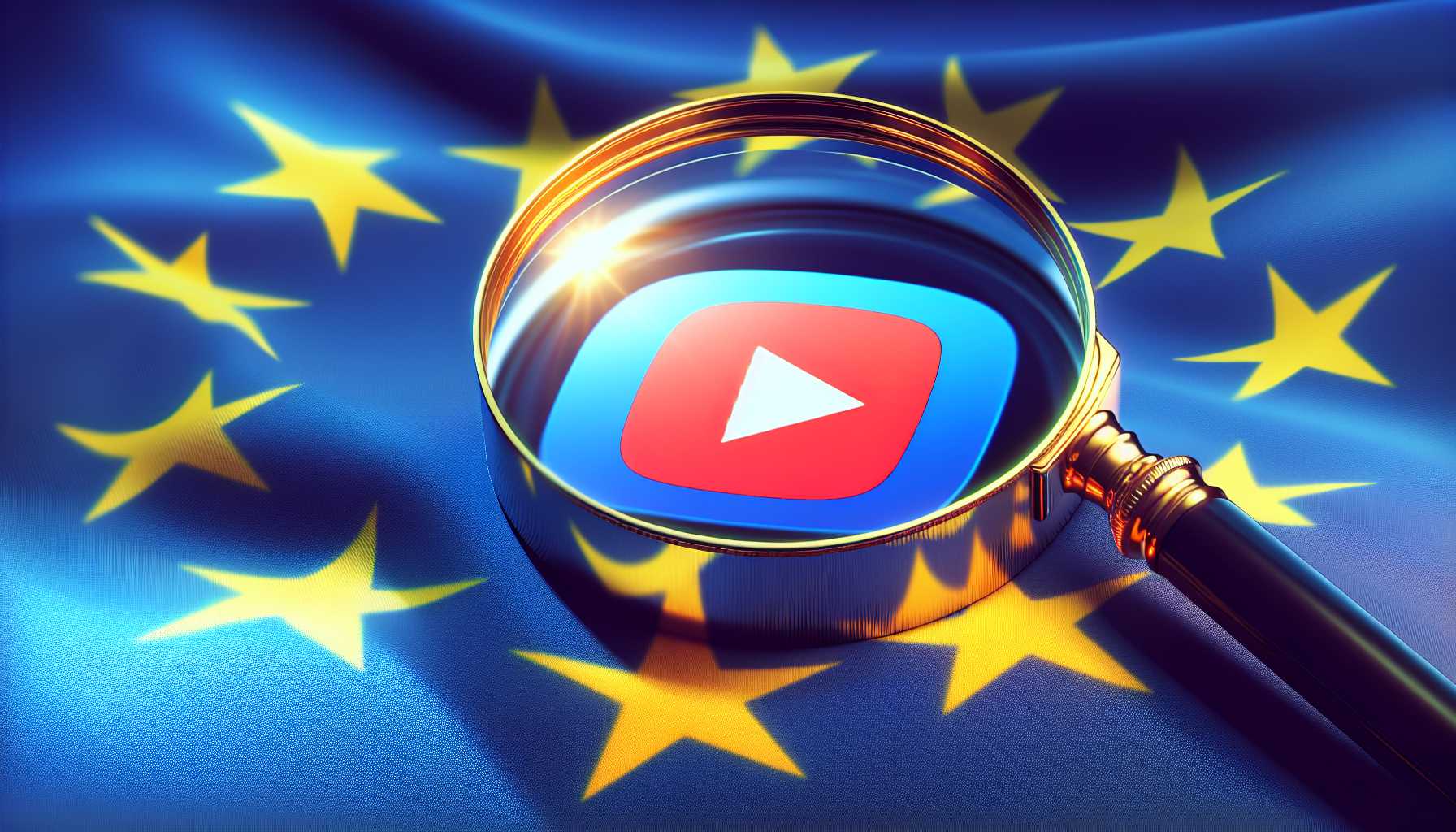 TikTok app icon under a magnifying glass with EU flag in background