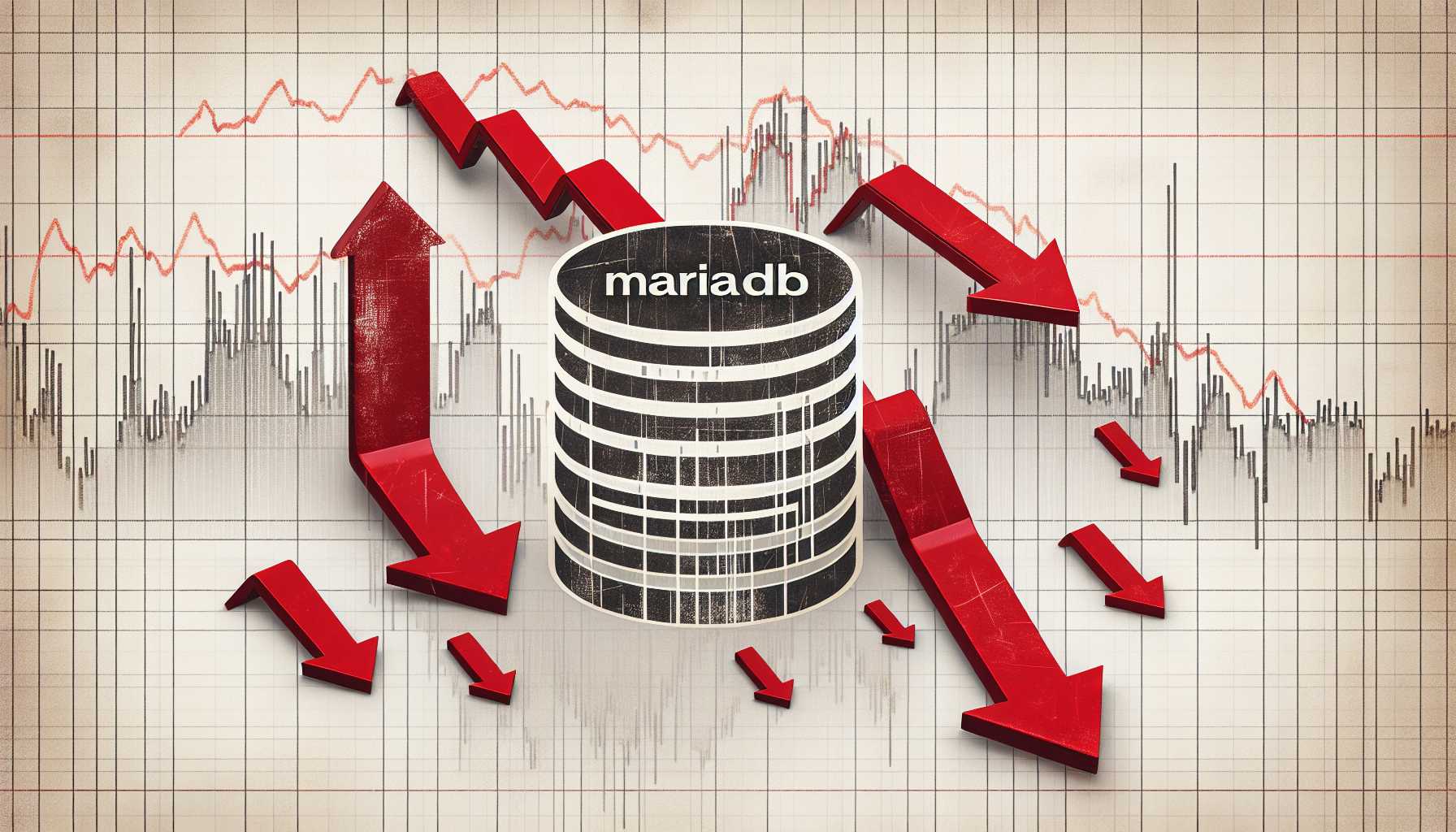 distressed MariaDB logo beside dropping stock market arrows