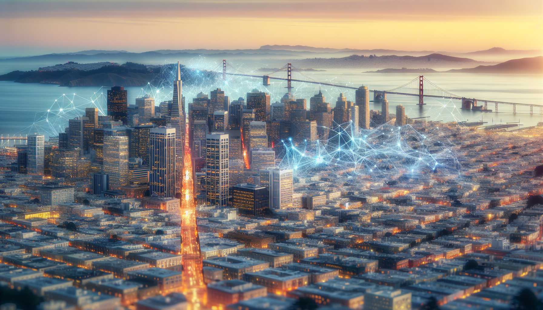 San Francisco skyline with shining AI neural network overlay