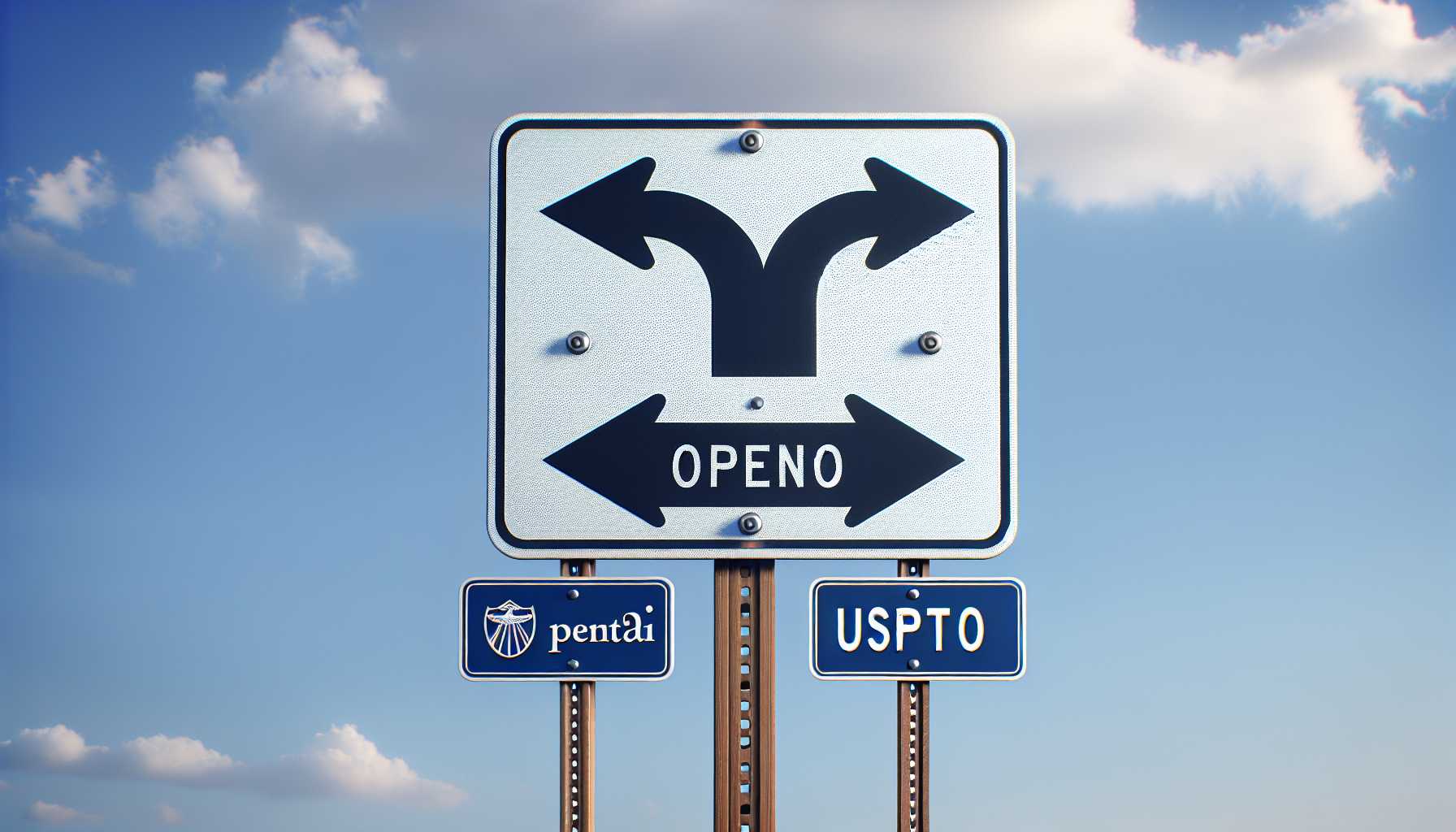 a road sign with arrows pointing to two directions, OpenAI and USPTO on each direction