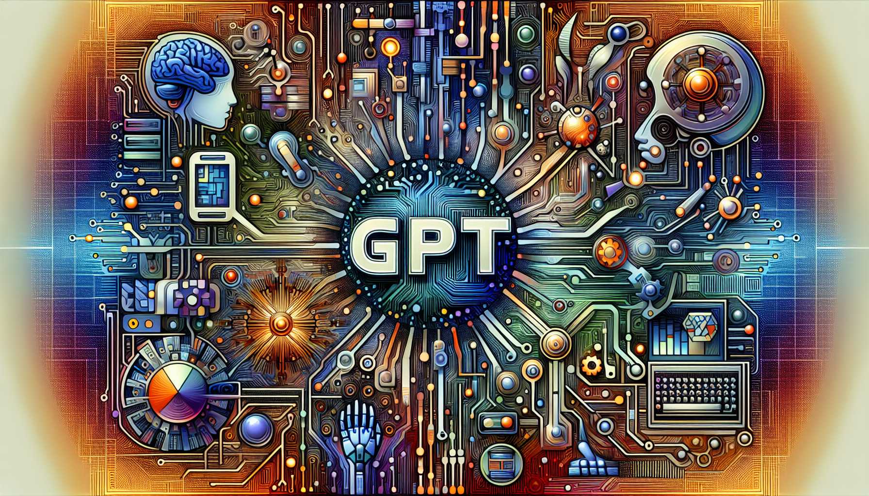 a conceptual image representing AI technology with 'GPT' written on it surrounded by various other AI products